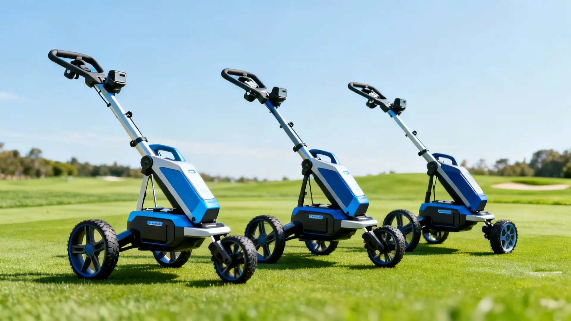 Trois chariots de golf électriques modernes alignés sur un parcours, sacs visibles, aucun golfeur