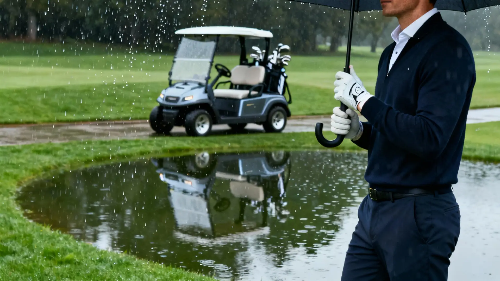 Golfeur sous la pluie avec chariot de golf électrique en arrière-plan sur terrain mouillé