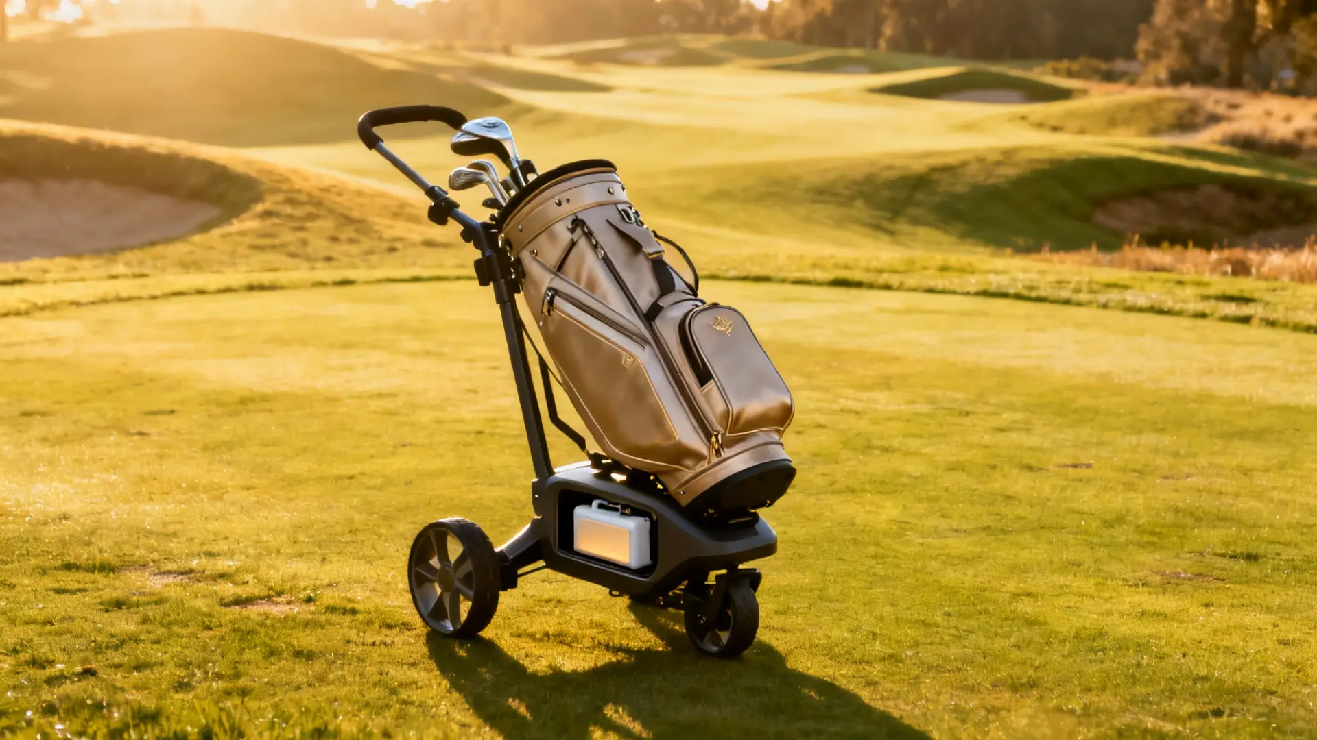 Chariot de golf électrique élégant avec sac, sur parcours vallonné lumineux et verdoyant