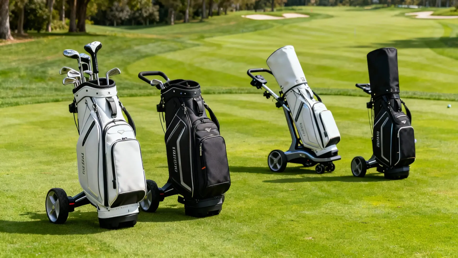 Sacs de golf modernes sur un chariot électrique élégant à l’arrière-plan d’un green lumineux
