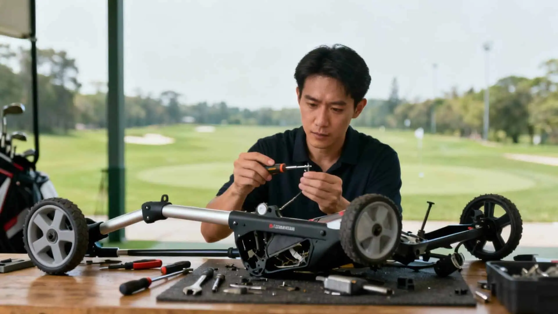 Personne réparant un chariot de golf avec outils dans un atelier lumineux, golf en arrière-plan