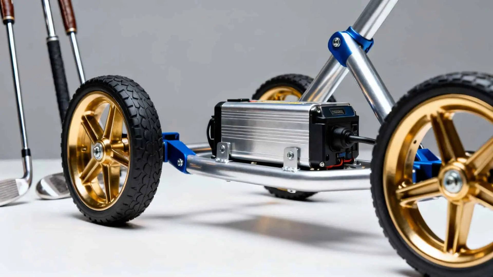 Pièces détaillées de chariot de golf avec sac et clubs en arrière-plan