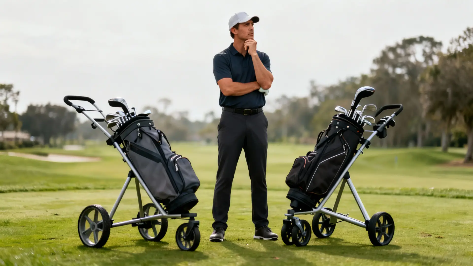 Golfeur pensif entre deux chariots