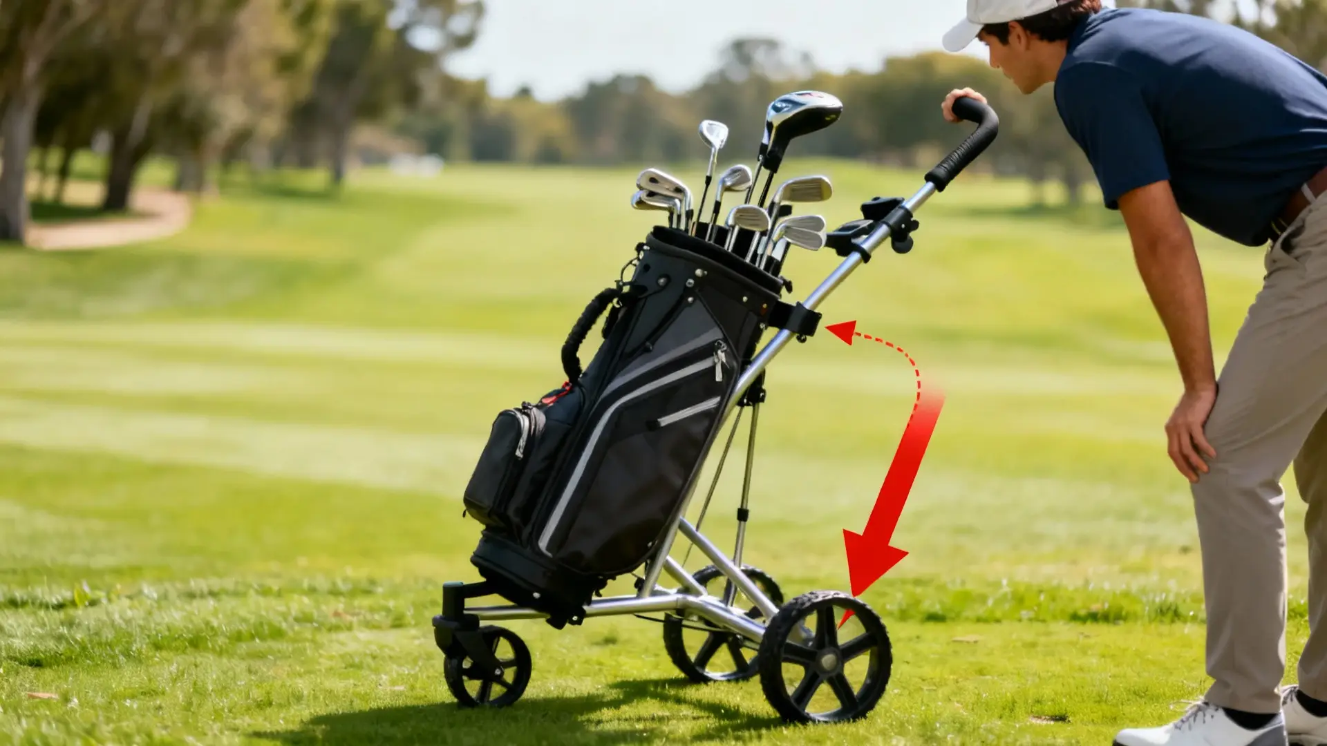 Acheteur inspectant un chariot de golf d’occasion avec flèche rouge, sac et clubs visibles