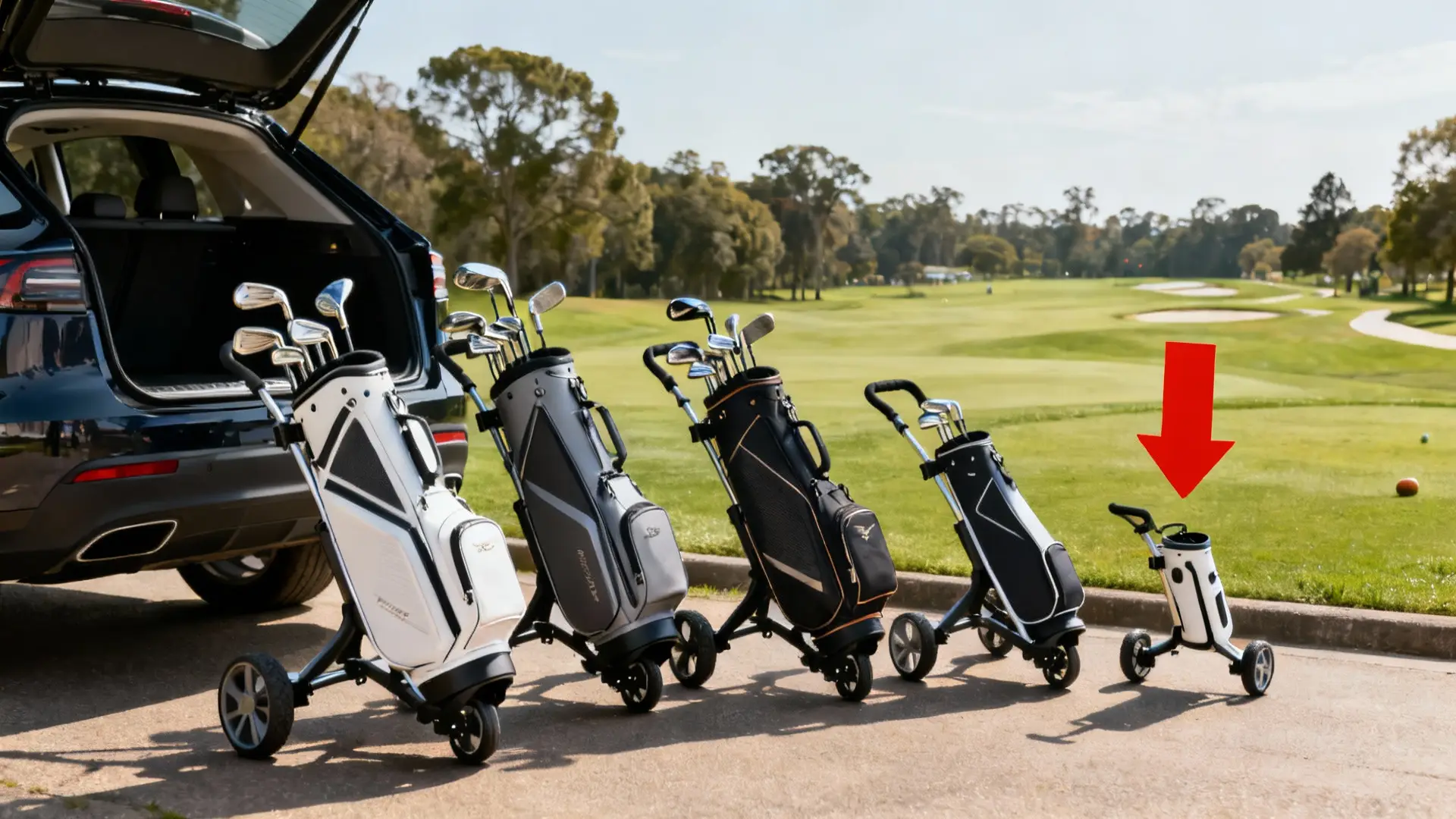 Chariots de golf compacts devant un coffre ouvert, flèche rouge sur le modèle le plus petit