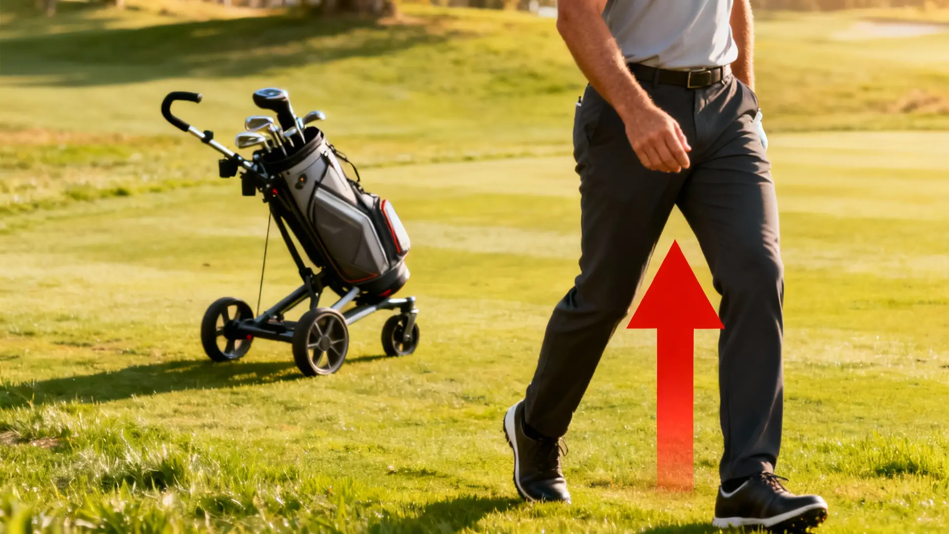 Golfeur souriant, posture saine, chariot de golf avec sac en arrière-plan sur parcours vert
