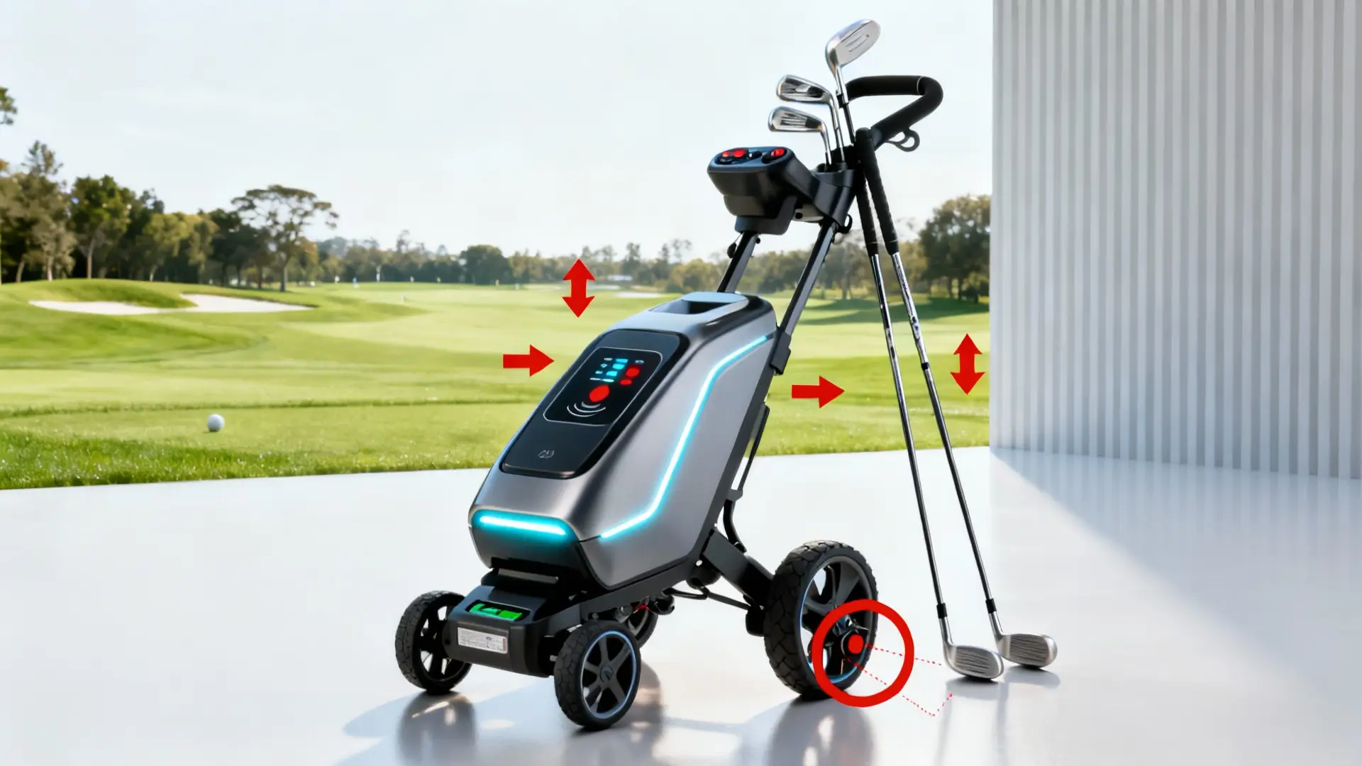 Chariot de golf électrique élégant avec flèches rouges sur points techniques majeurs