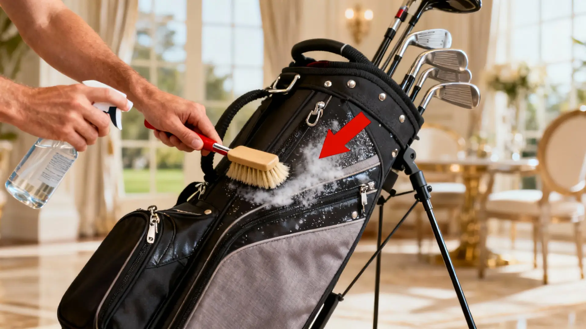 Nettoyage d’un chariot de golf par des mains, flèche rouge sur le geste, ambiance lumineuse