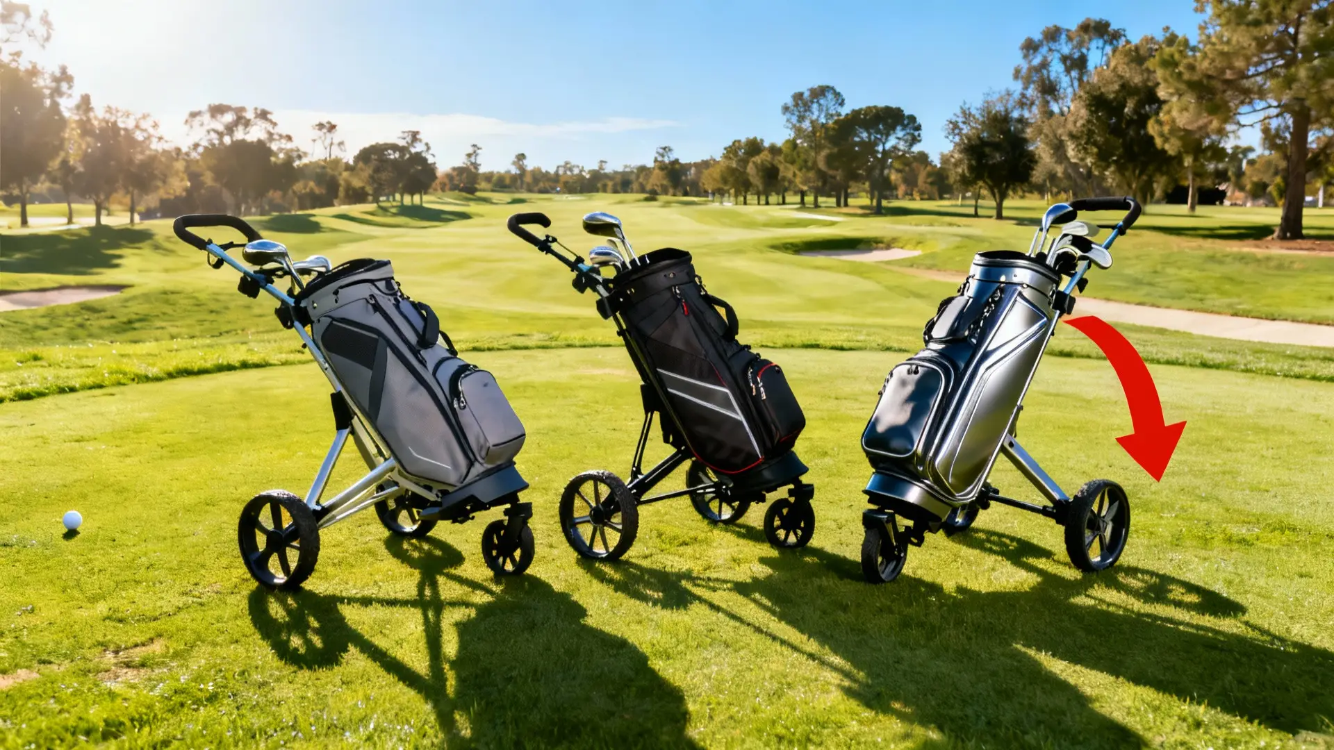 Trois chariots de golf de styles différents sur un parcours, flèche rouge sur le modèle conseillé