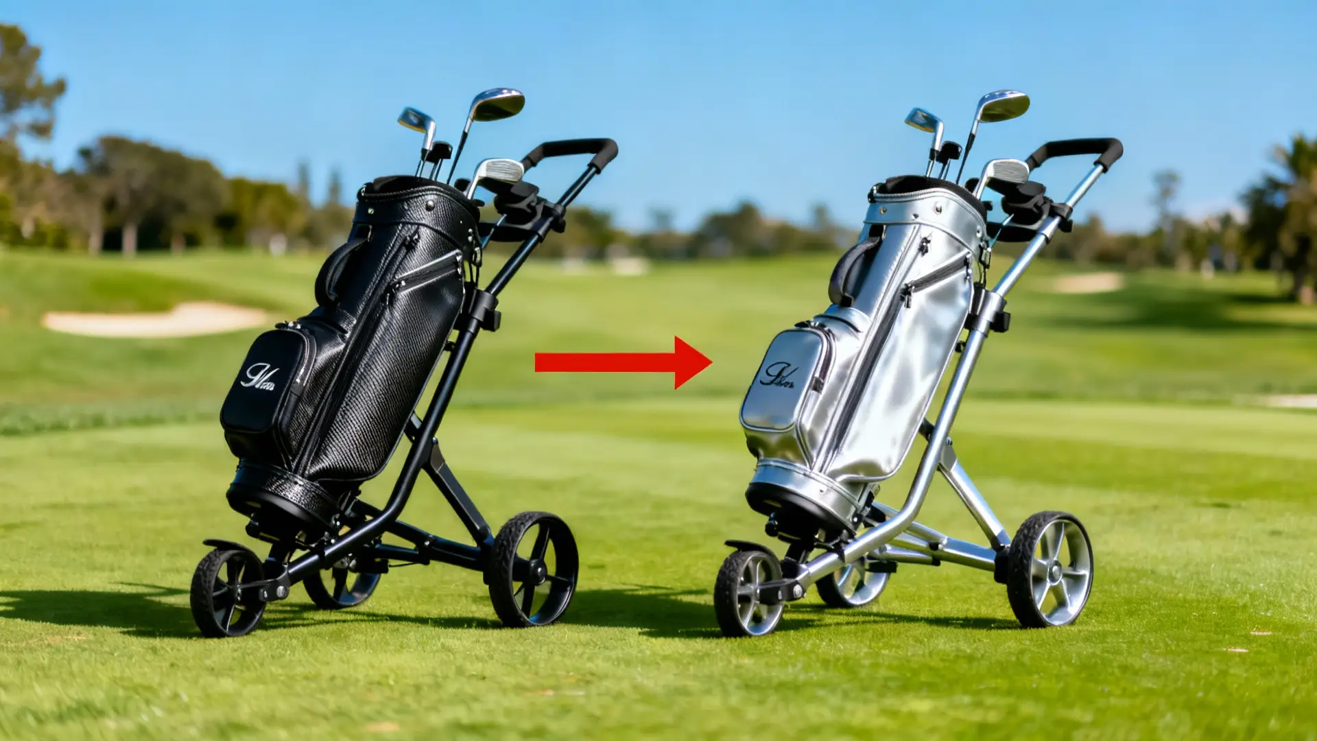 Chariot carbone et aluminium côte à côte sur parcours, flèche rouge sur celui en carbone