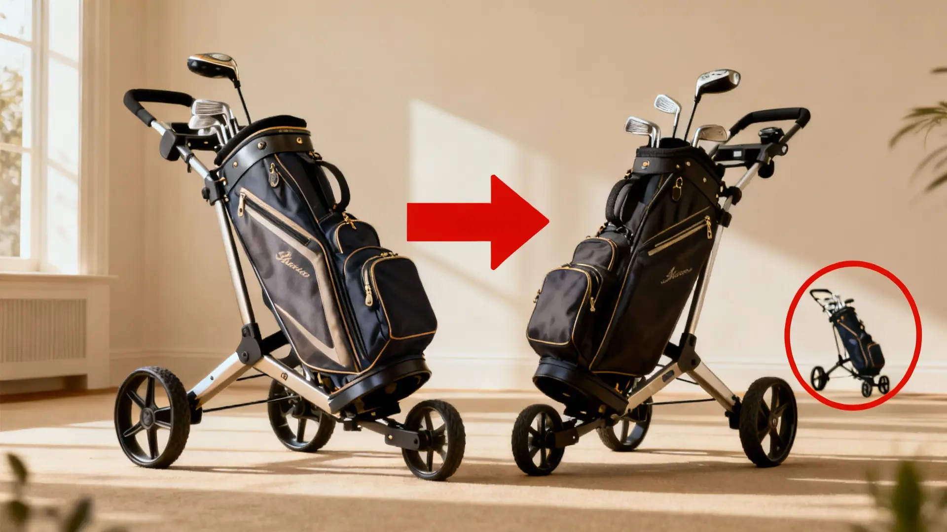 Deux chariots de golf, neuf et reconditionné, comparés avec des éléments visuels distinctifs