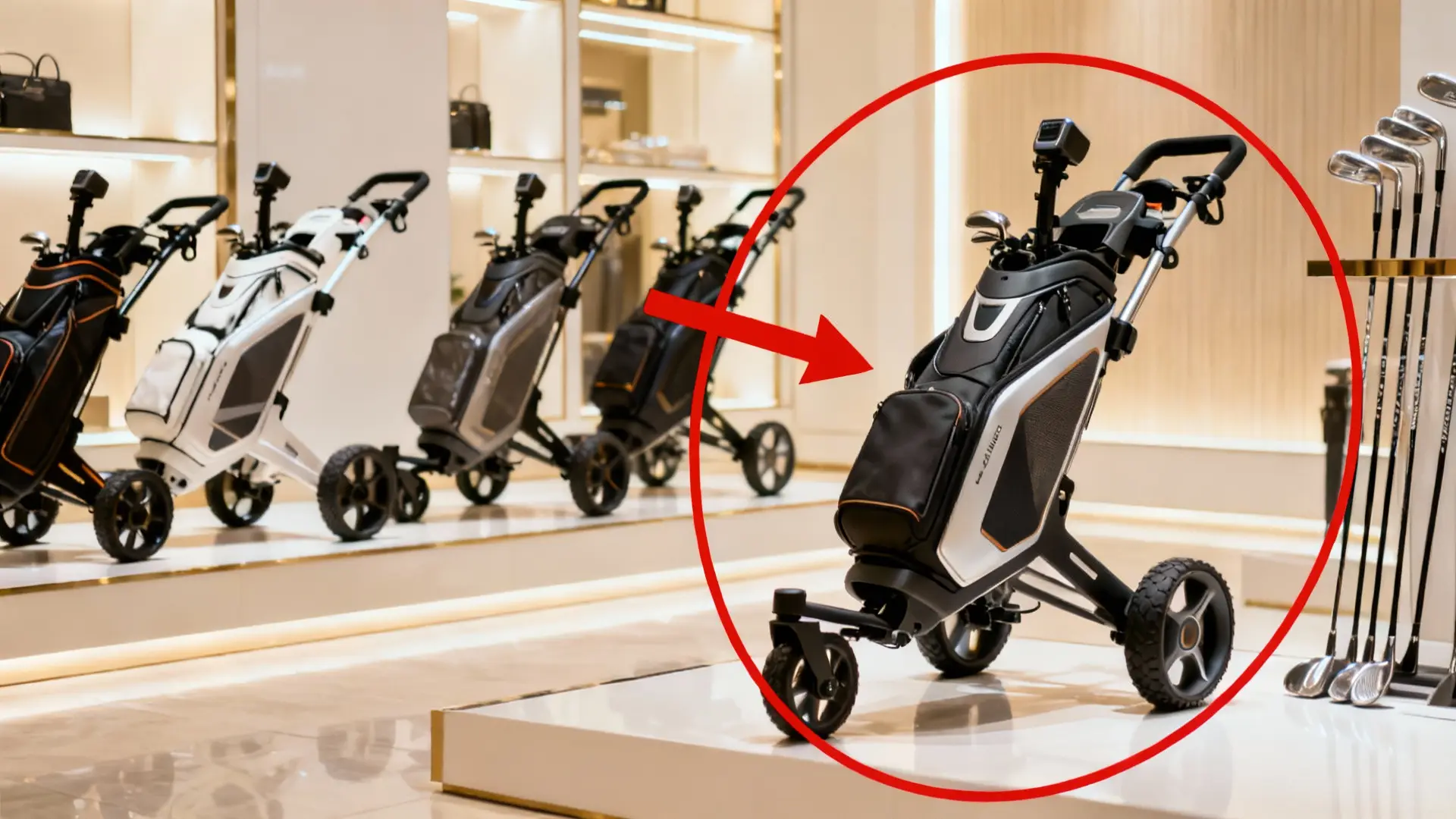 Plusieurs chariots de golf innovants alignés, un modèle mis en valeur par flèche et cercle rouge