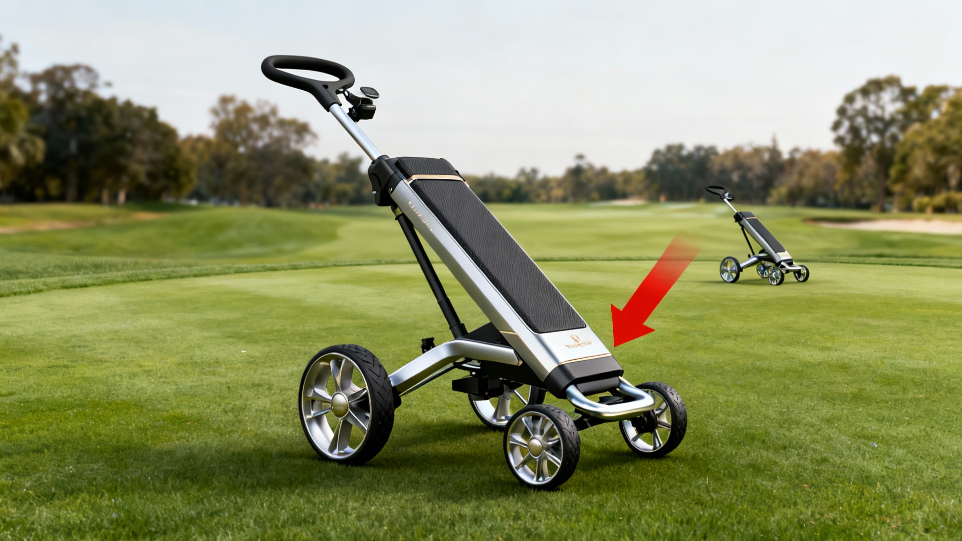 Chariot de golf électrique élégant avec flèche rouge sur détails haut de gamme, golf en fond