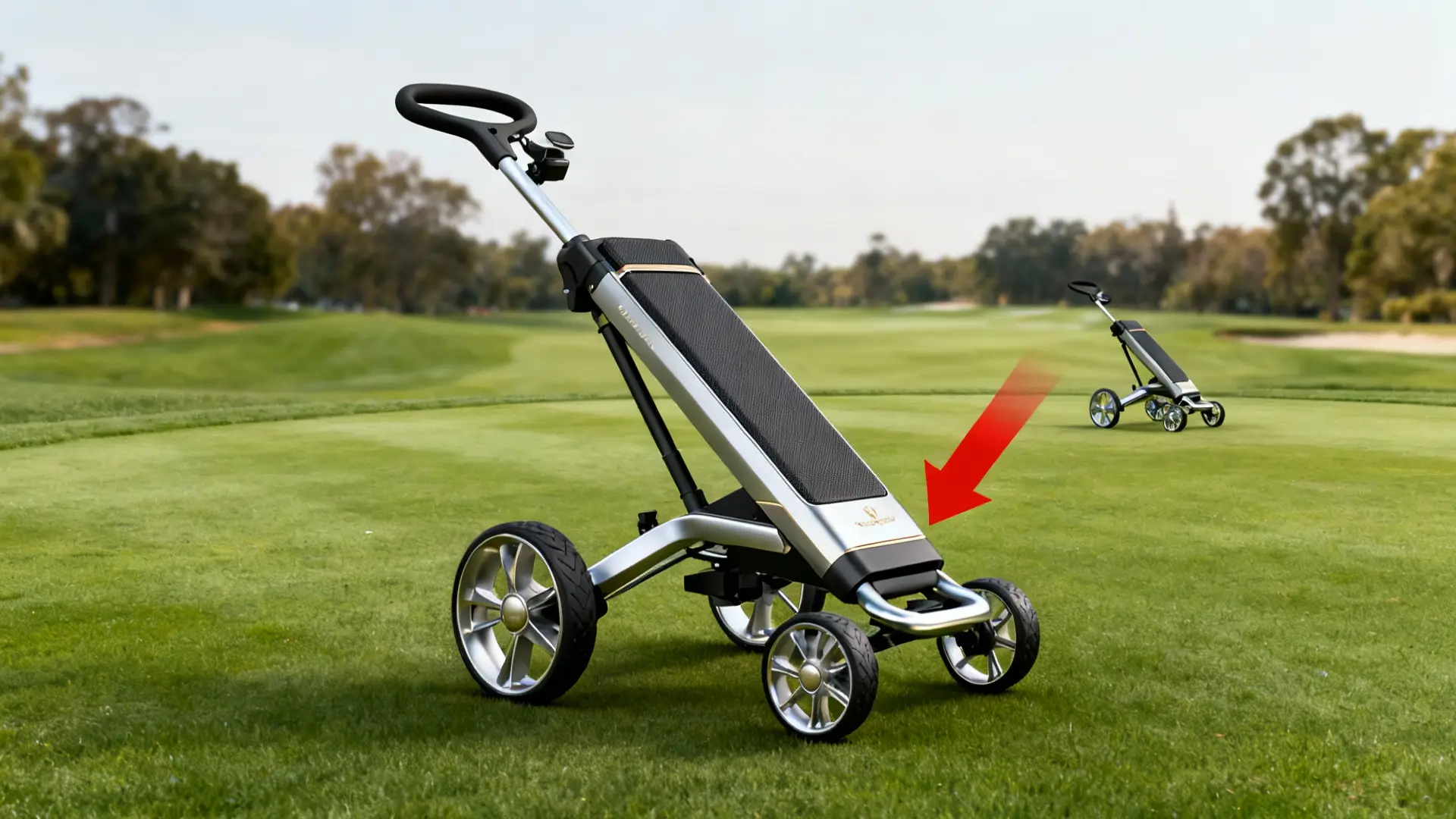 Chariot de golf électrique élégant avec flèche rouge sur détails haut de gamme, golf en fond