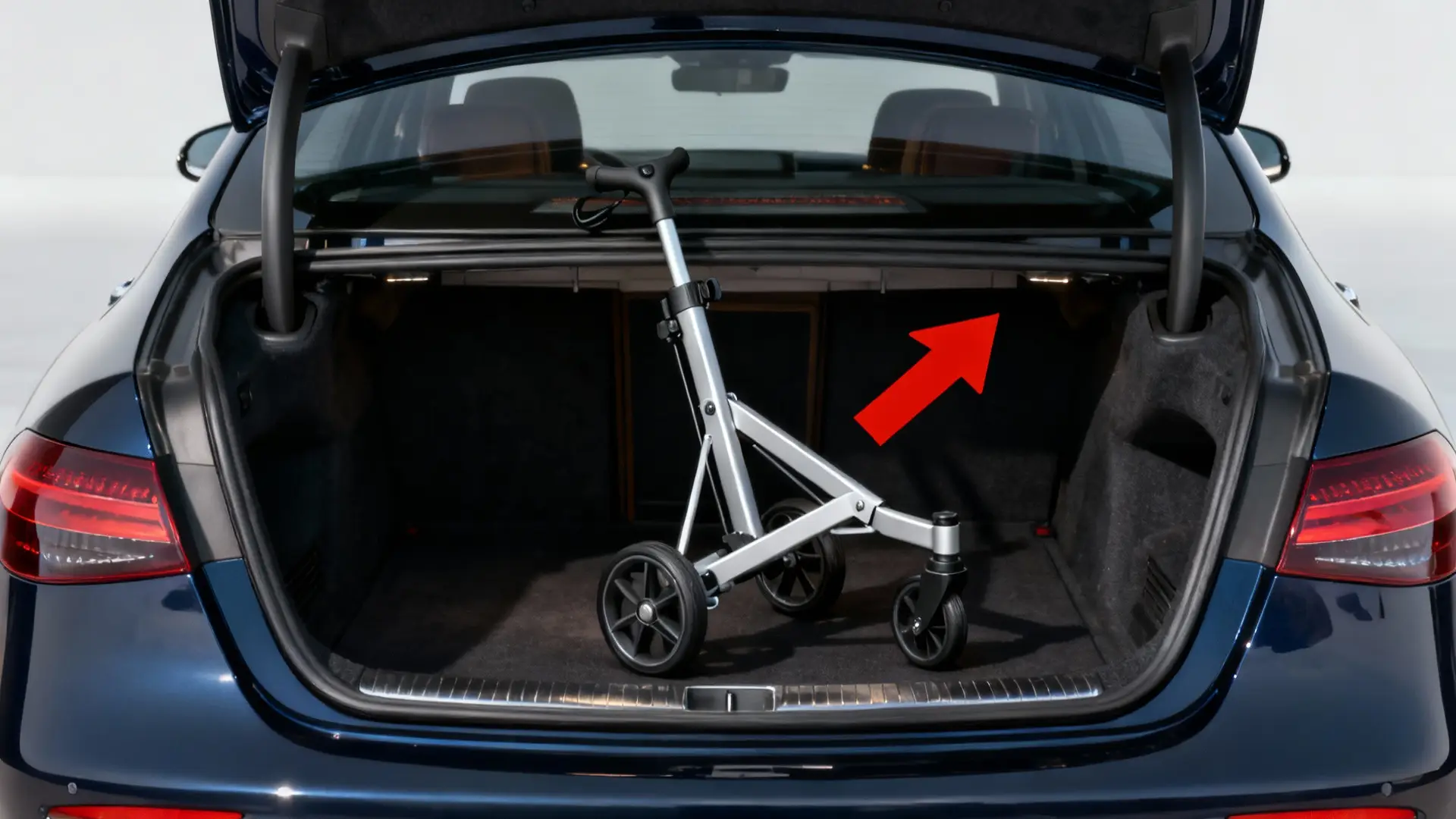 Coffre de voiture ouvert avec chariot de golf compact et flèche rouge, style premium