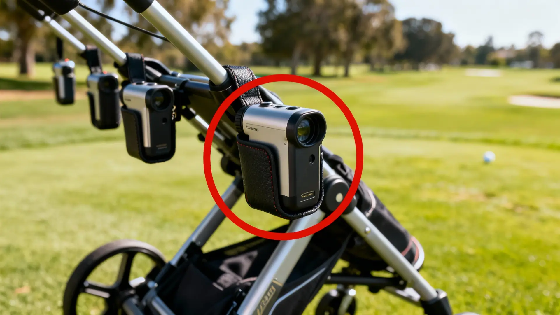 Comparatif réaliste des porte télémètres sur chariots de golf, cercle rouge sur le meilleur