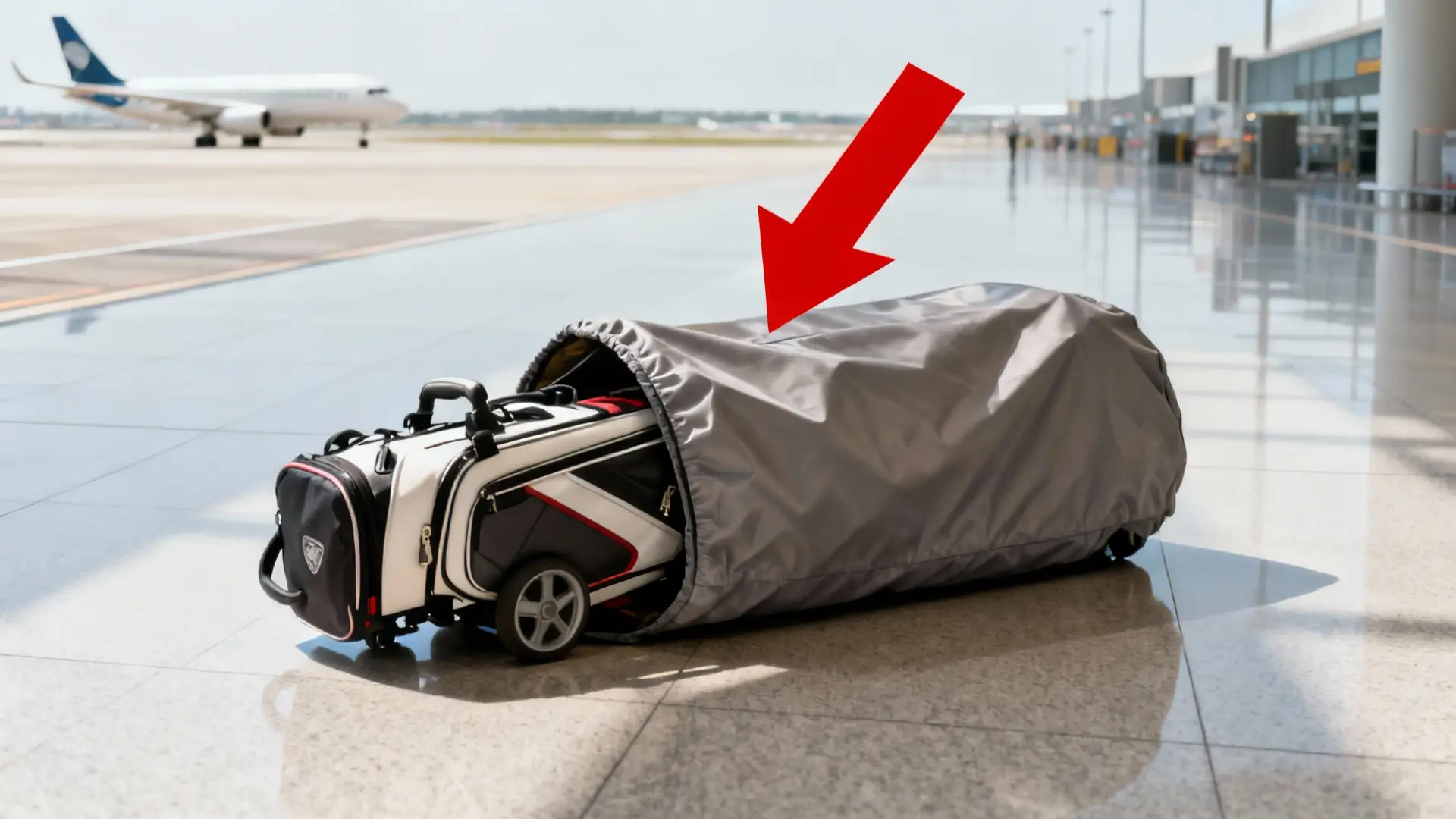 Housse de transport robuste pour chariot de golf avec aéroport en arrière-plan