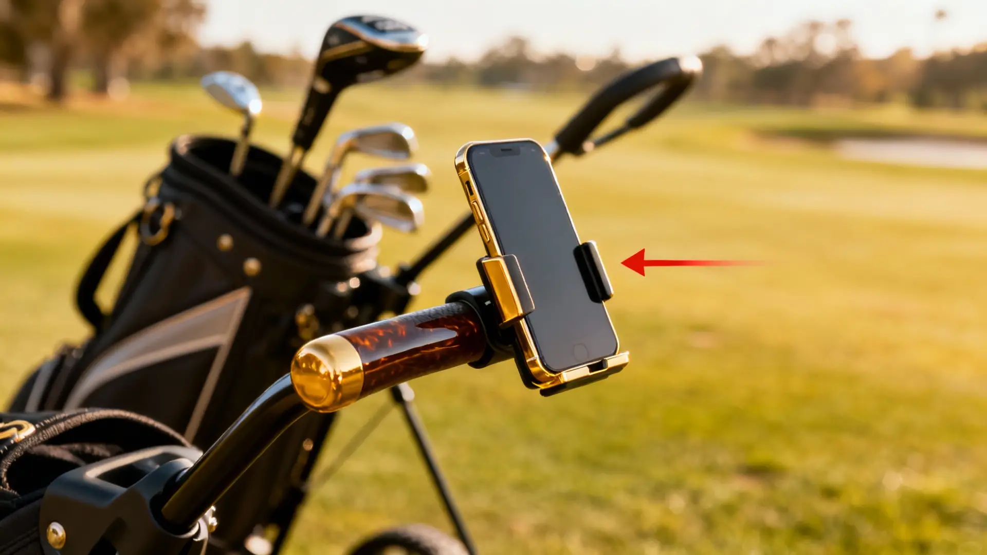 Support smartphone élégant en gros plan sur chariot de golf moderne avec flèche rouge