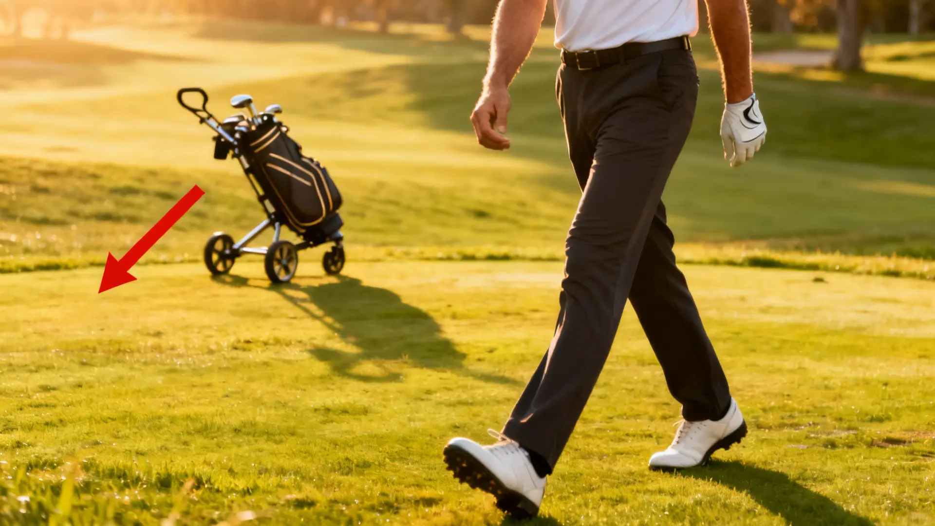 Golfeur énergique avançant sur parcours, chariot de golf discret et flèche rouge visible