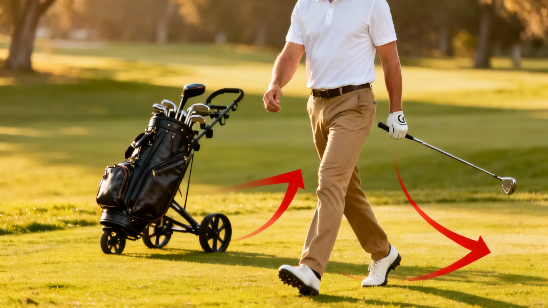 Golfeur marchant avec confiance, chariot de golf en arrière-plan et flèches rouges attrayantes