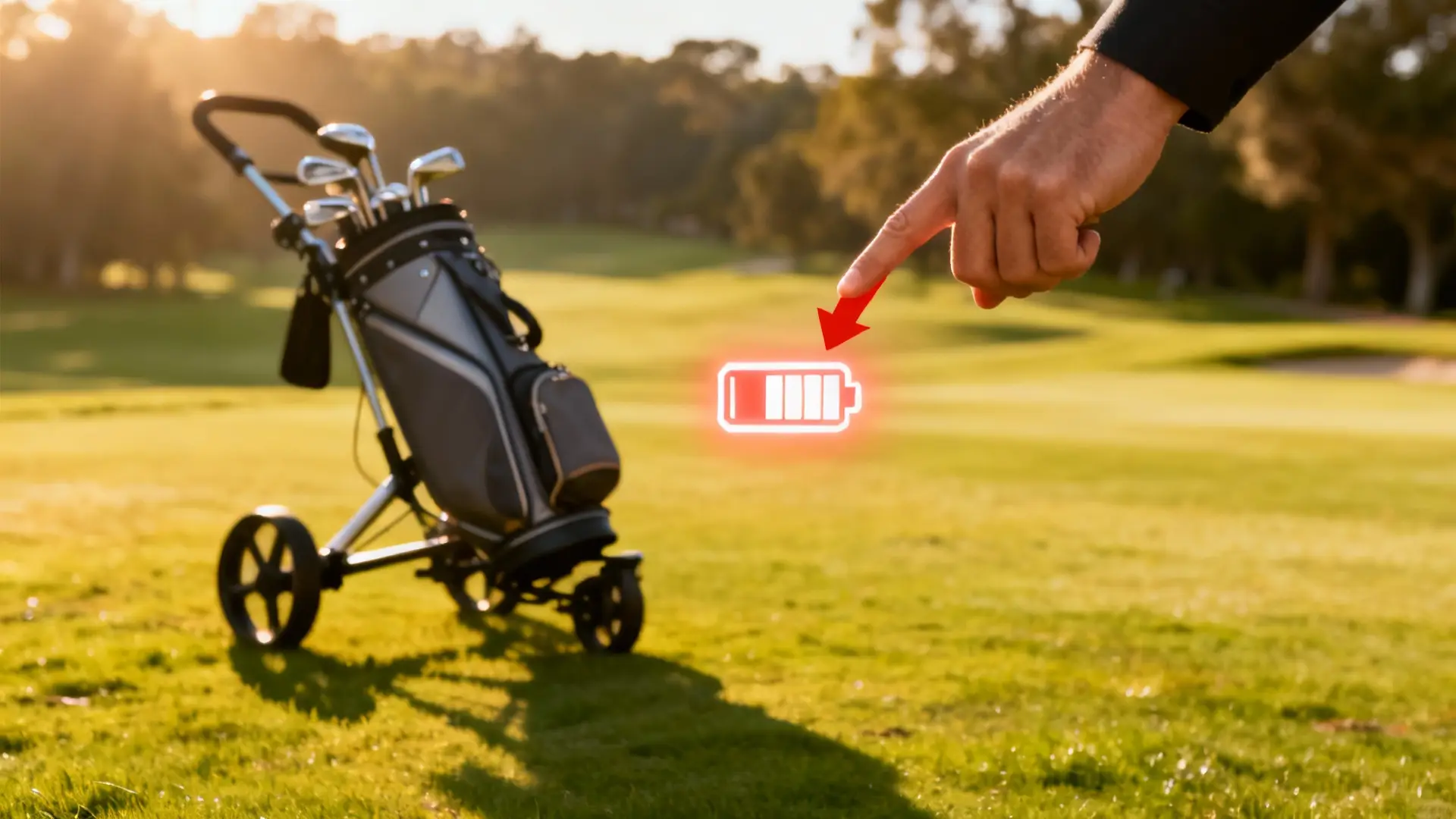 Main indiquant une batterie lumineuse avec chariot de golf élégant et parcours en fond