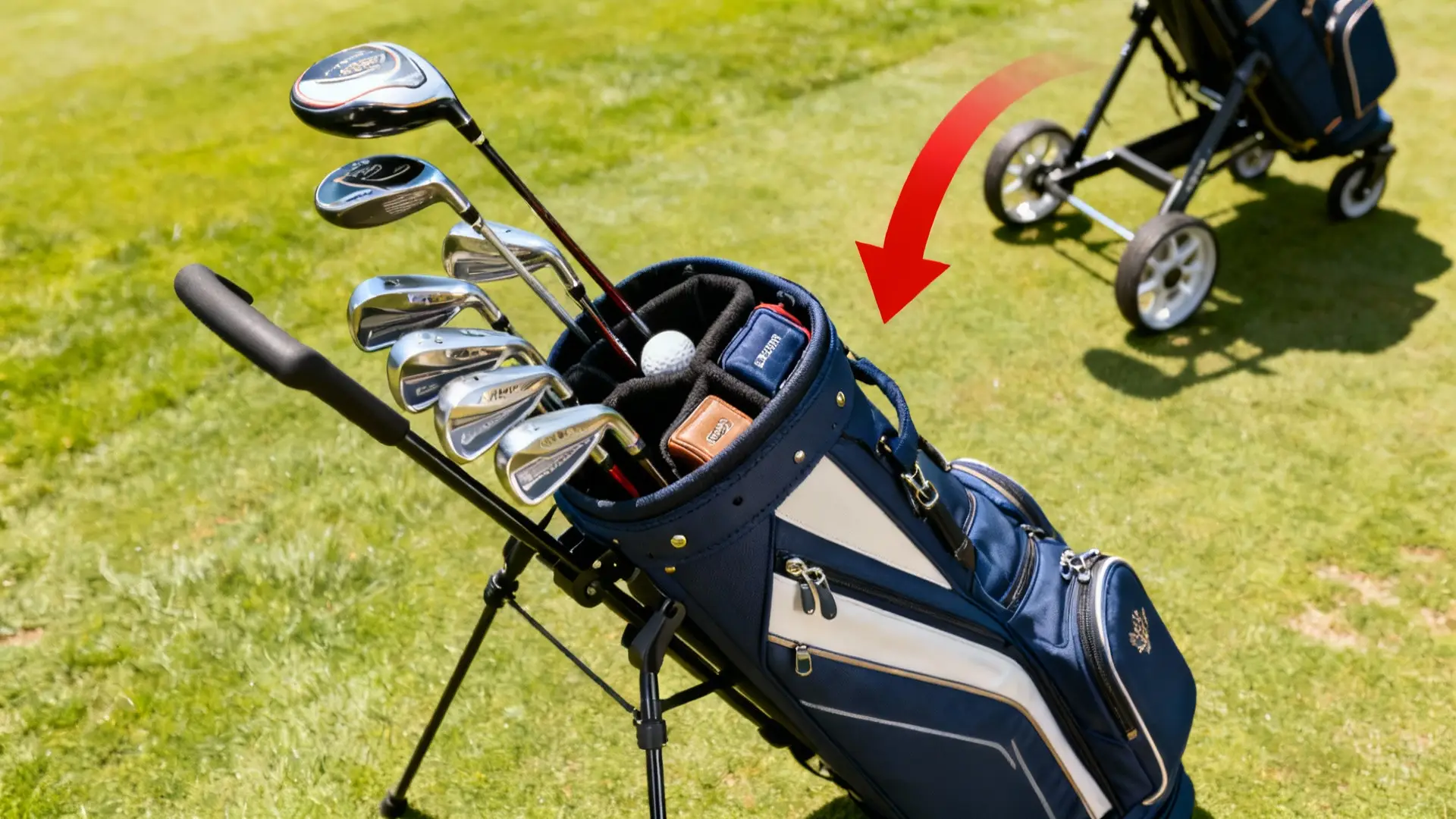Sac de golf bien organisé sur chariot, clubs rangés, flèche rouge montrant l’astuce