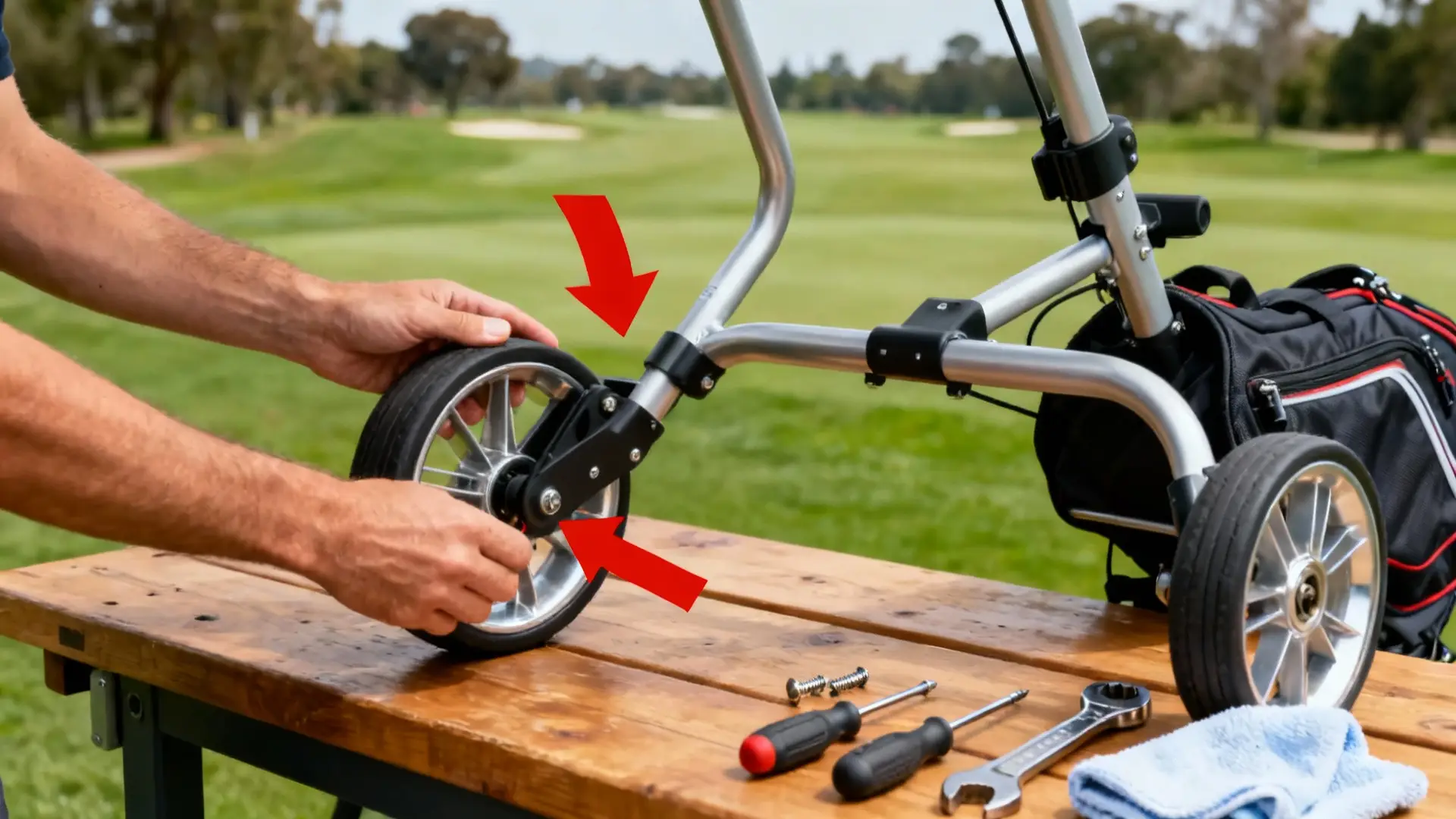 Inspection du chariot de golf avec flèche rouge sur les roues et outils d’entretien visibles