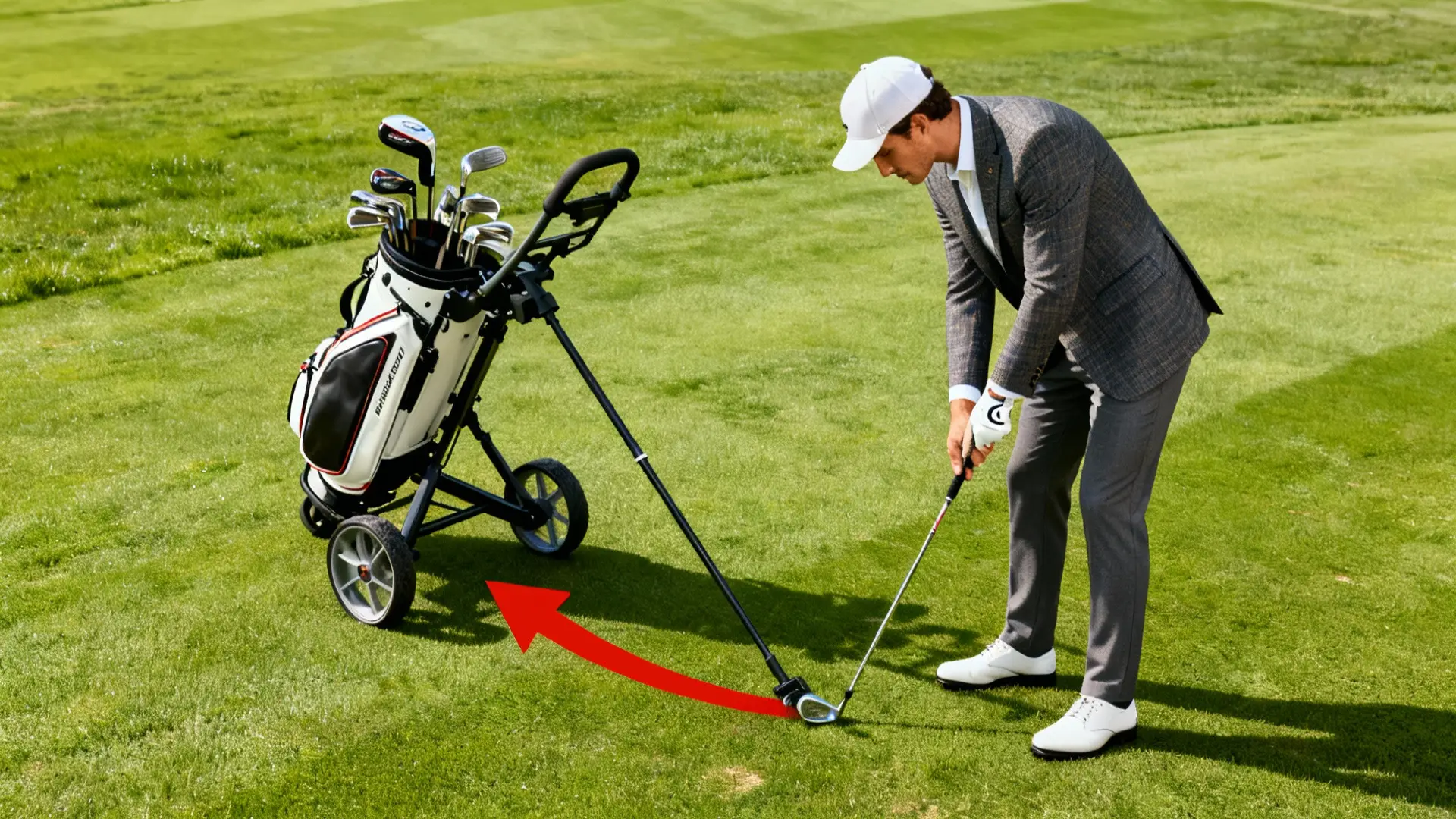 Golfeur inspectant un chariot de golf incliné avec flèche rouge sur parcours lumineux