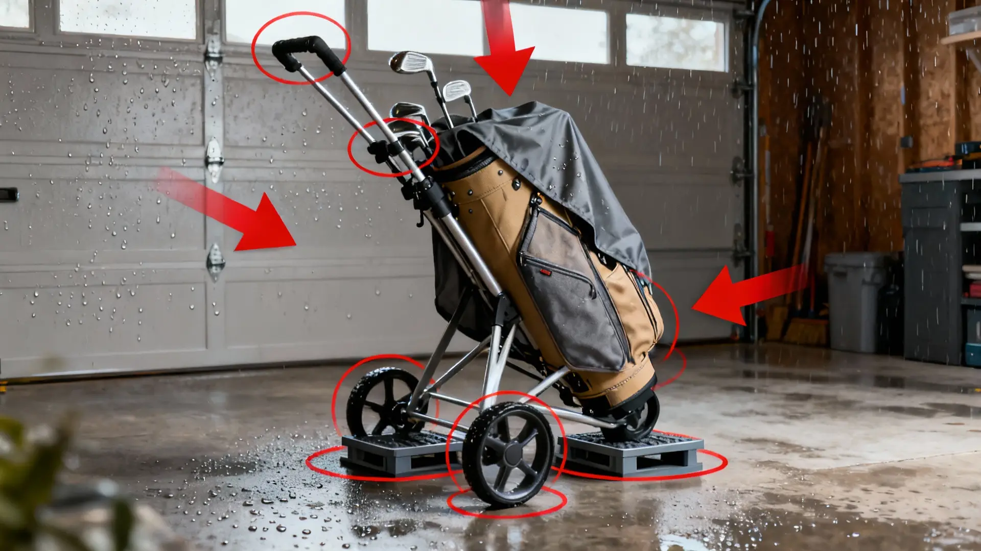 Chariot de golf protégé dans un garage humide, éléments de prévention en évidence
