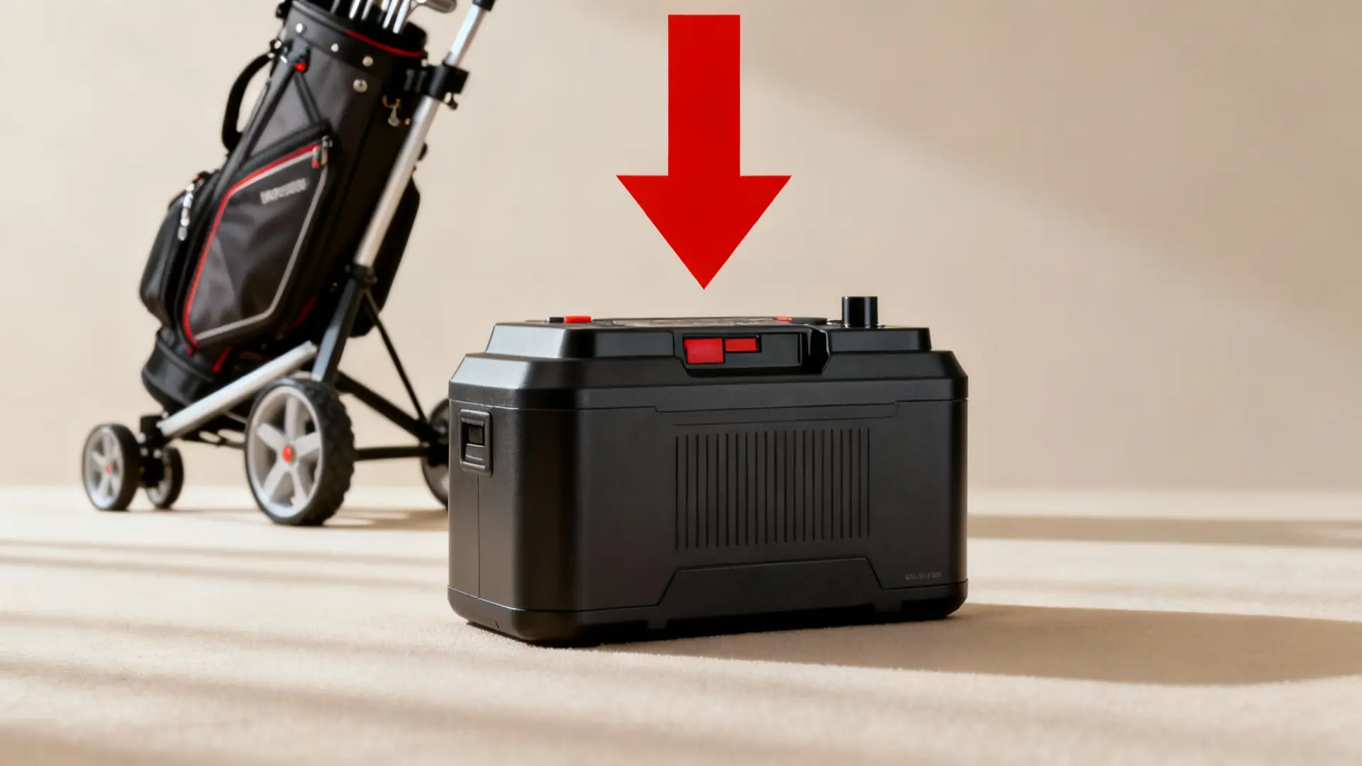 Batterie de chariot de golf mise en avant avec flèche rouge, chariot en arrière-plan