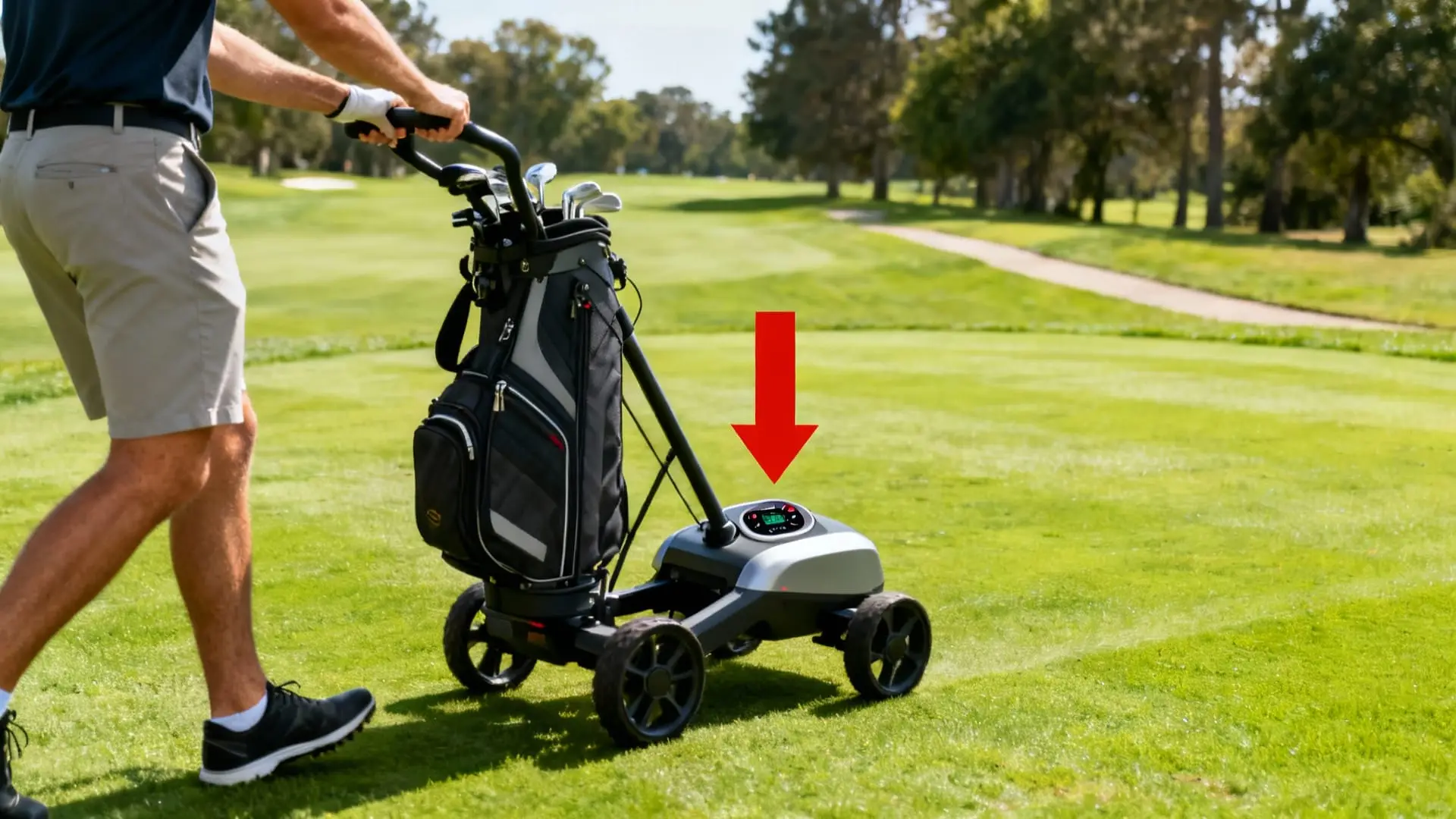 Golfeur utilisant la fonction avance assistée, flèche rouge sur le panneau du chariot de golf