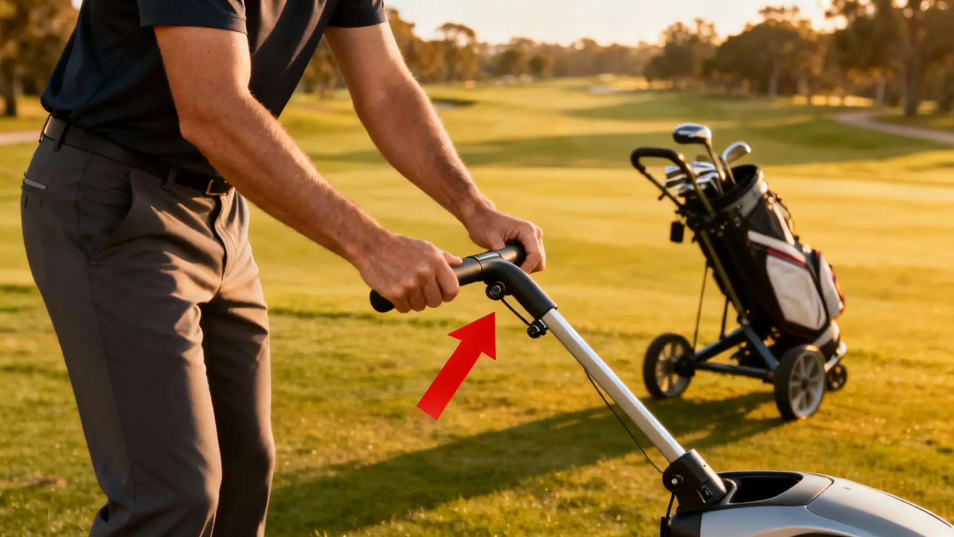 Golfeur ajustant la poignée d’un chariot, flèche rouge sur la poignée, cadre lumineux