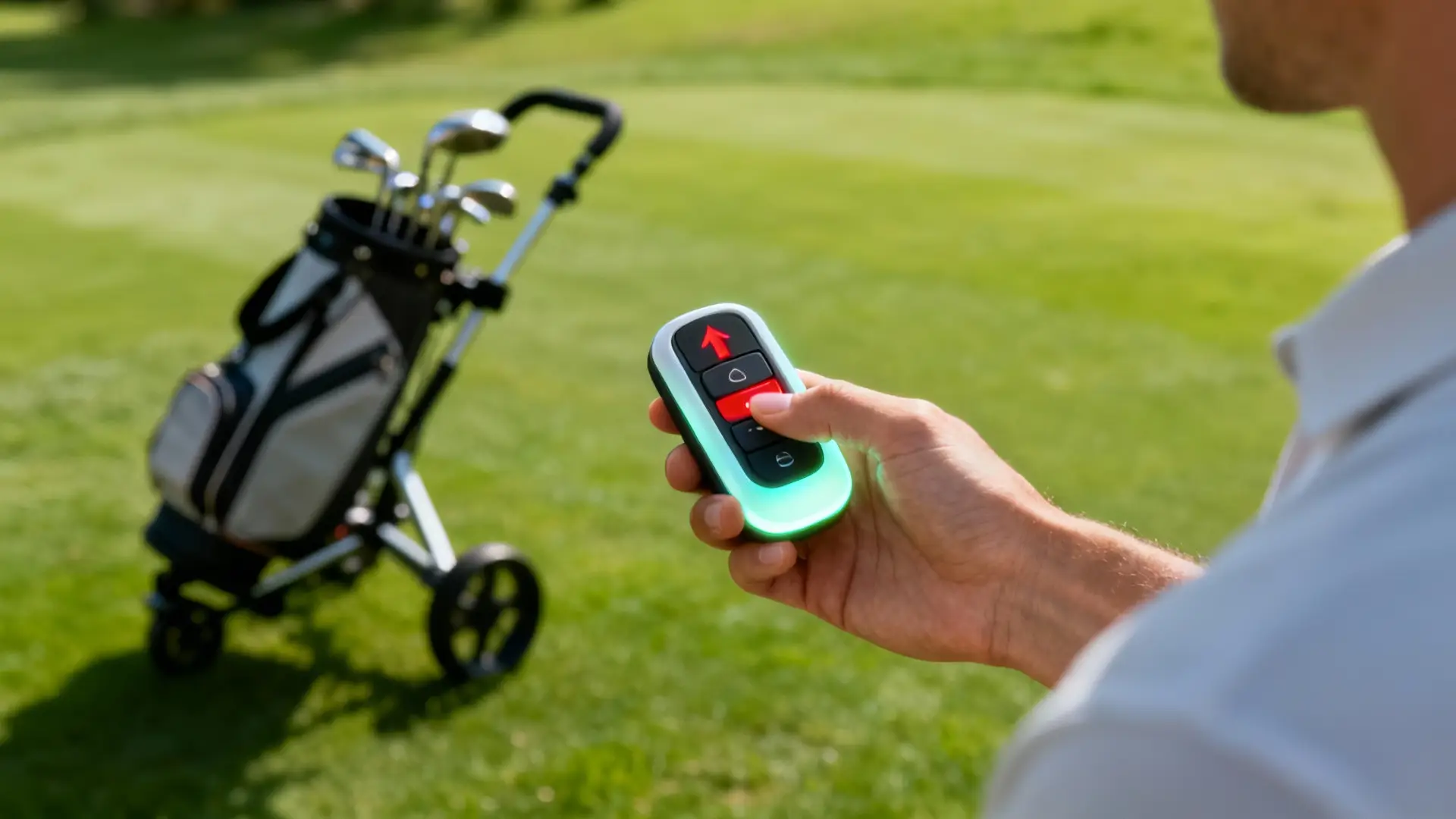 Main tenant une télécommande de chariot de golf, flèche rouge sur le bouton distance