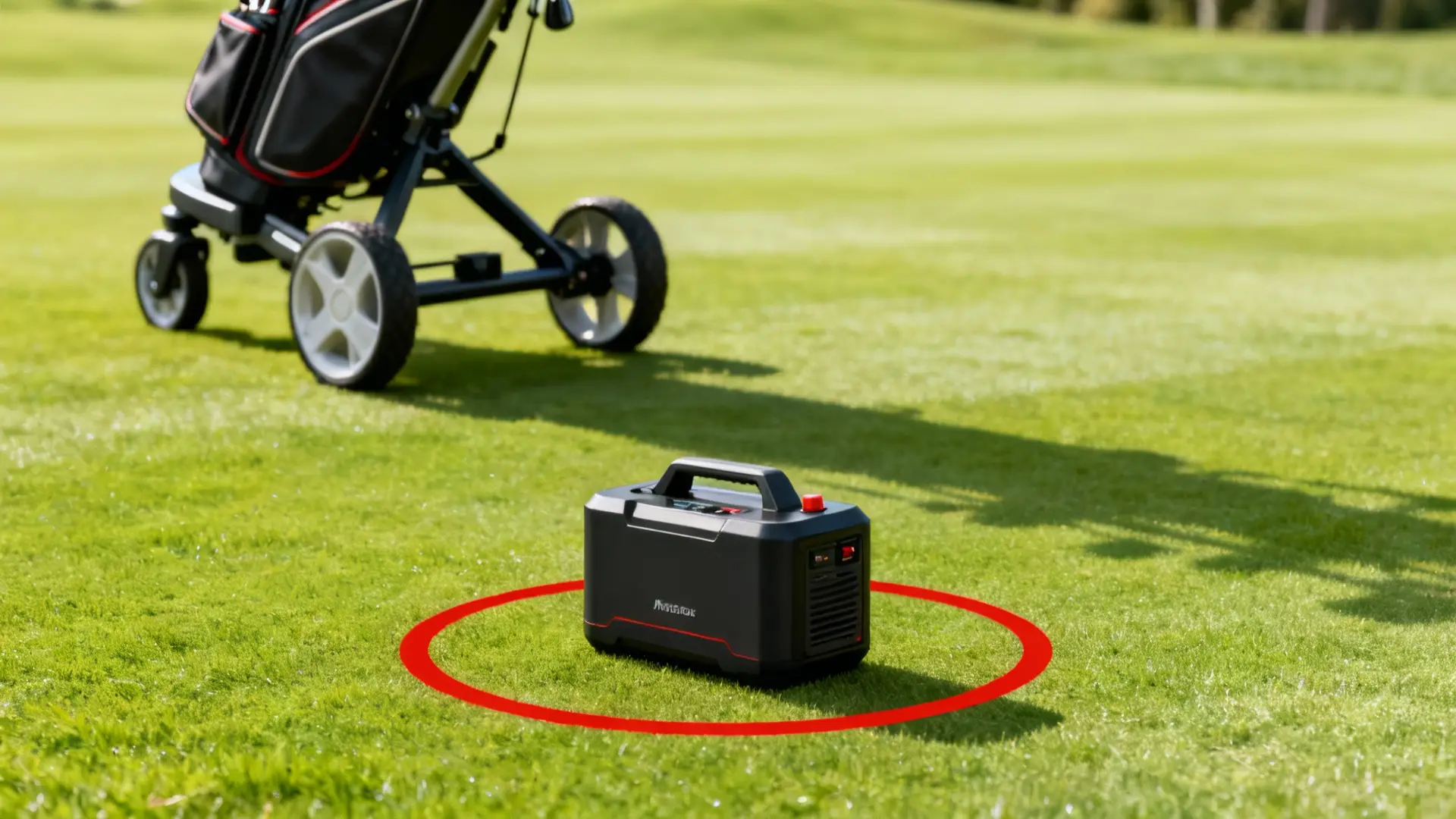 Batterie de golf en avant, cercle rouge, chariot électrique en arrière-plan sur terrain vert