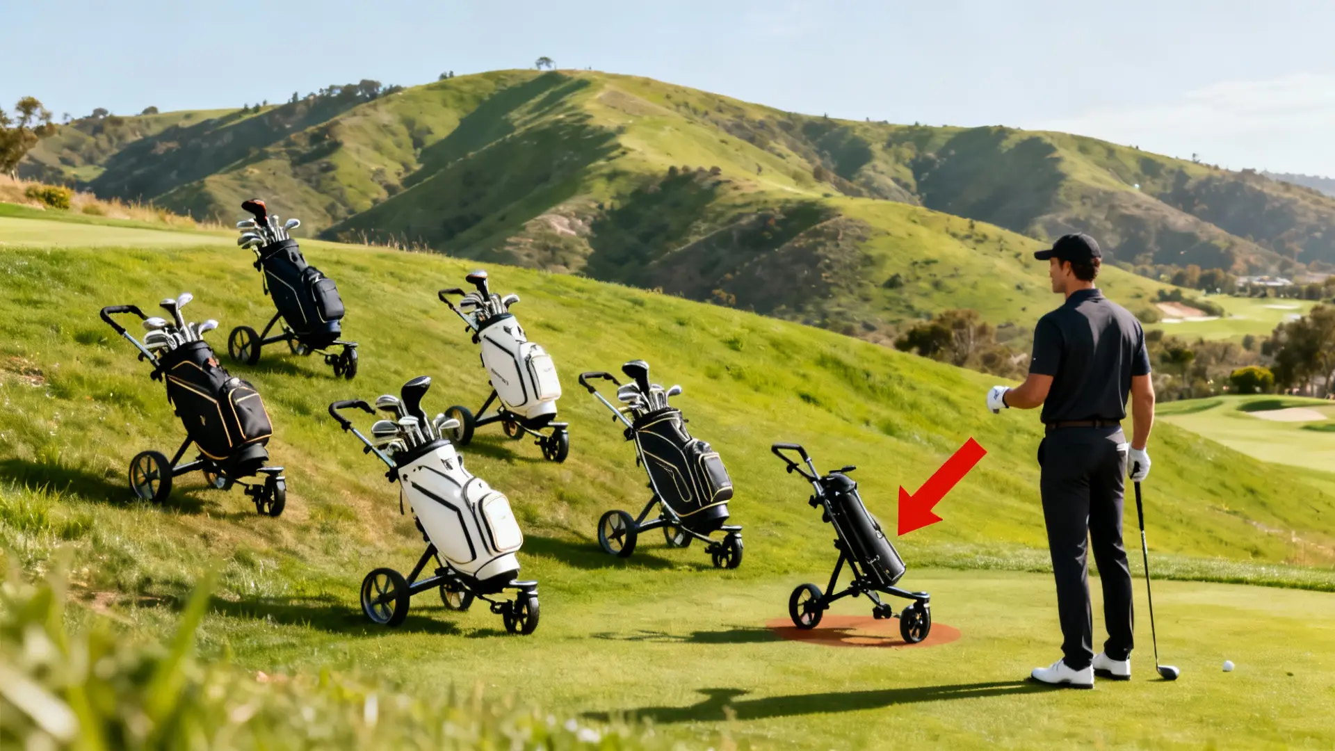 Golfeur choisissant un chariot de golf sur terrain vallonné, flèche rouge sur le plus stable