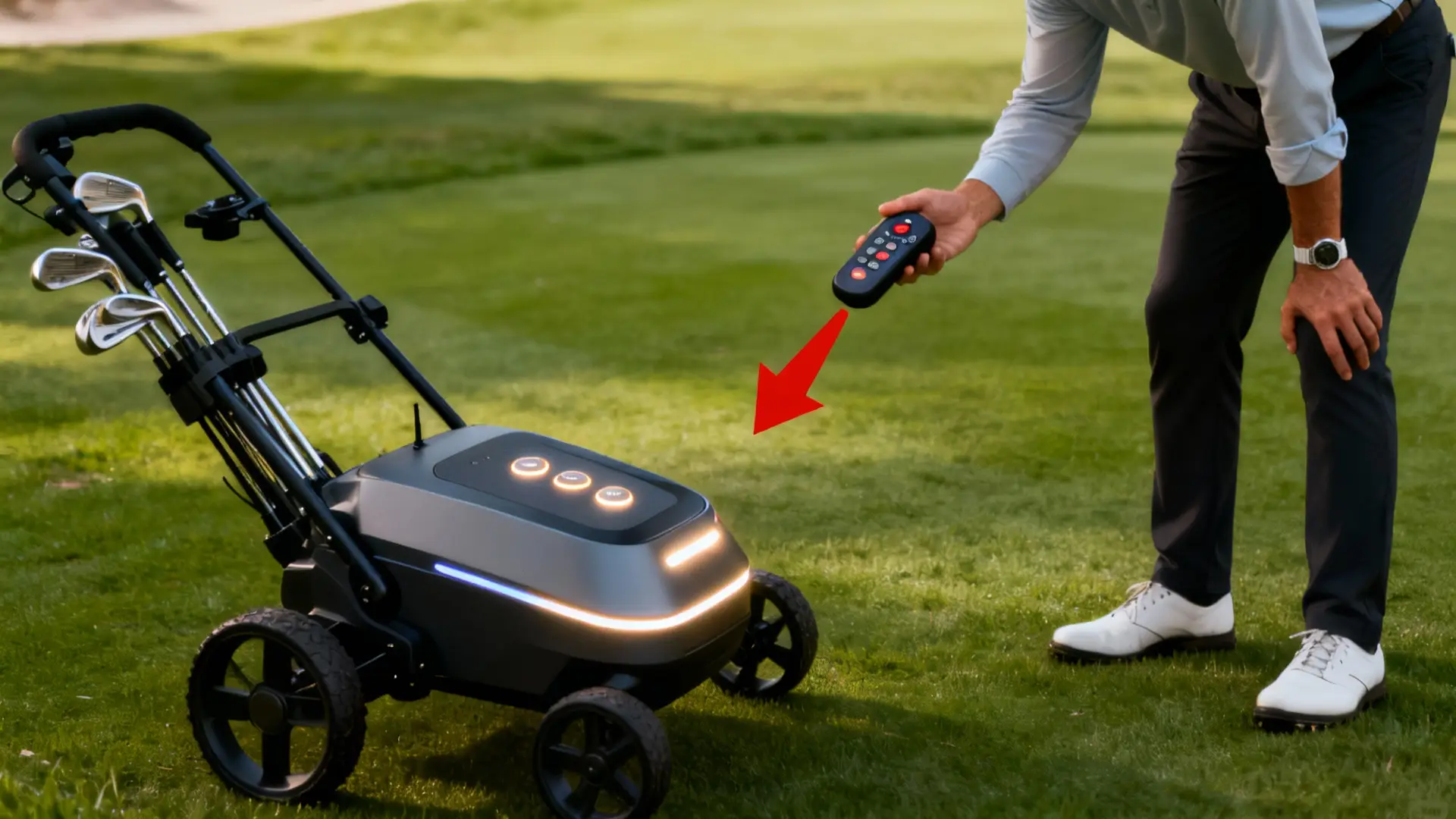 Golfeur observant un chariot de golf téléguidé, flèche sur la télécommande, parcours vert