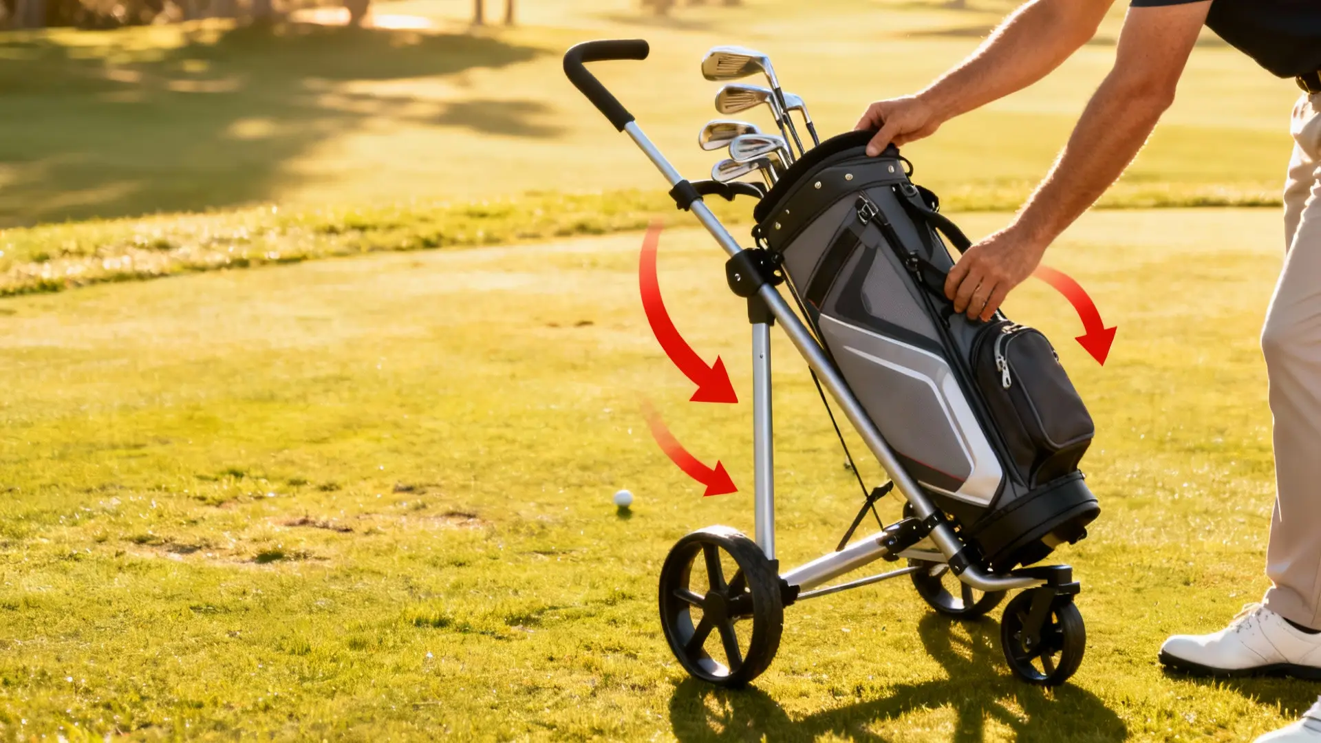 Mains pliant un chariot de golf, flèches rouges, sac de golf moderne, ambiance claire