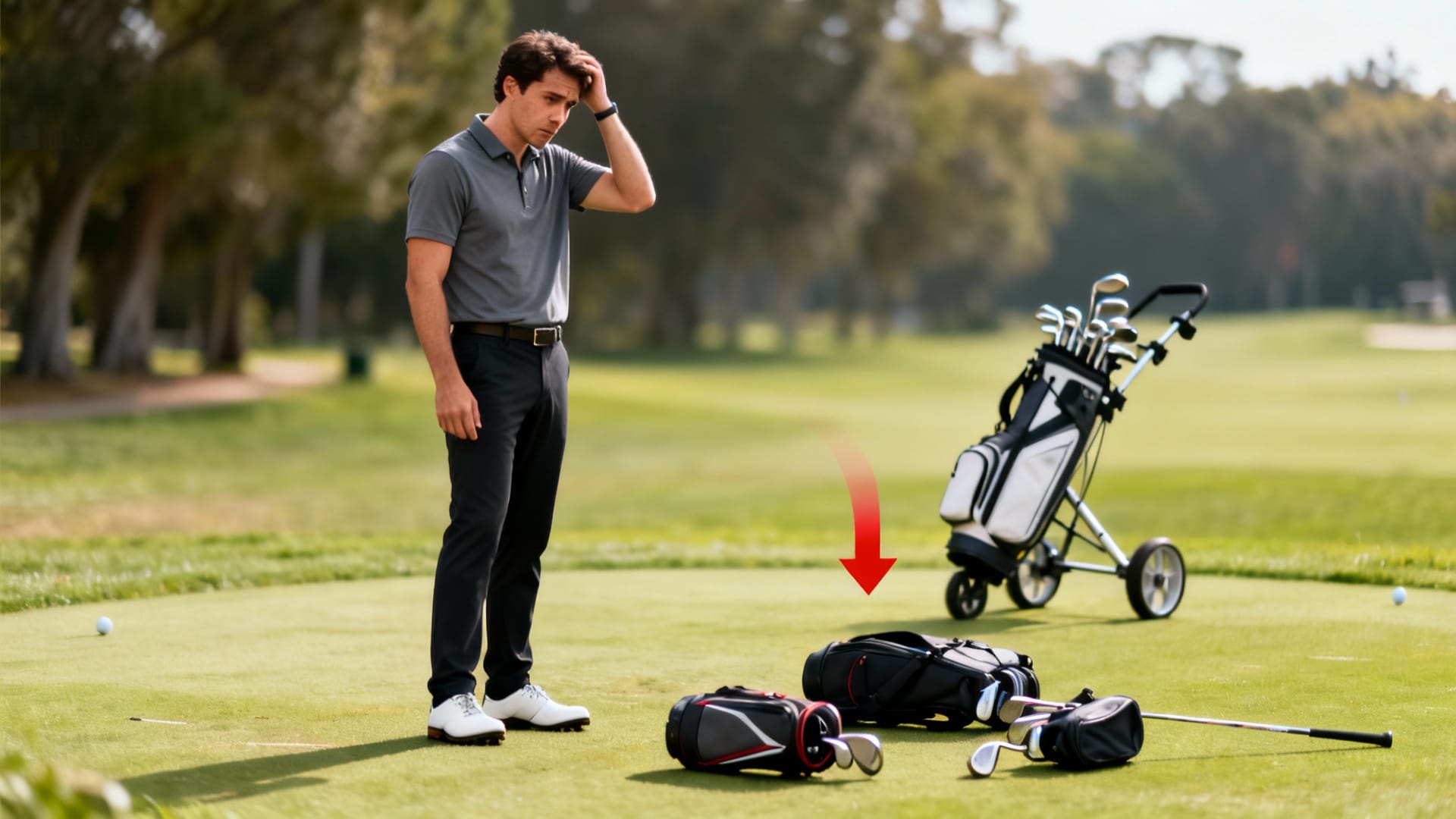 Clubs de golf débutant et accessoires, chariot en arrière-plan, cercle rouge de mise en avant