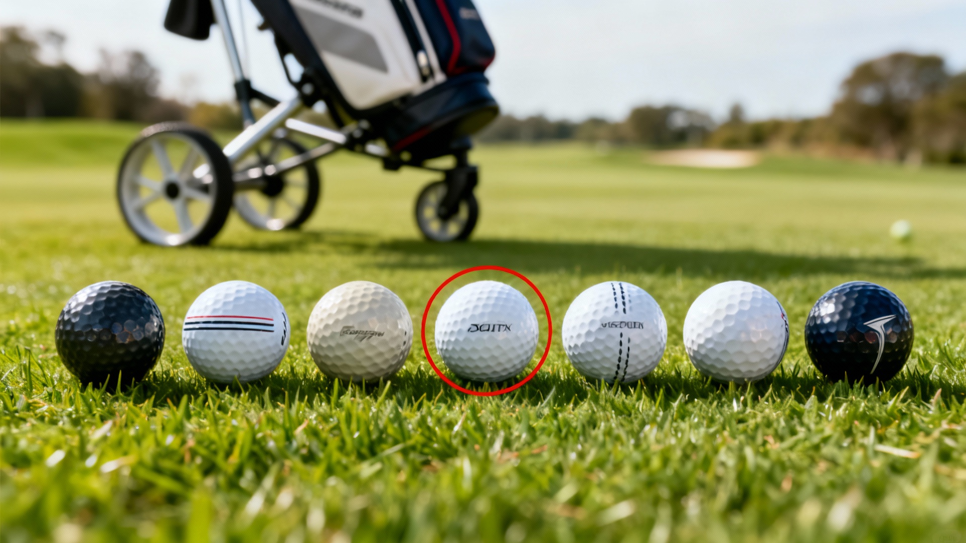 Balles de golf débutant mises en avant avec chariot de golf à l’arrière-plan