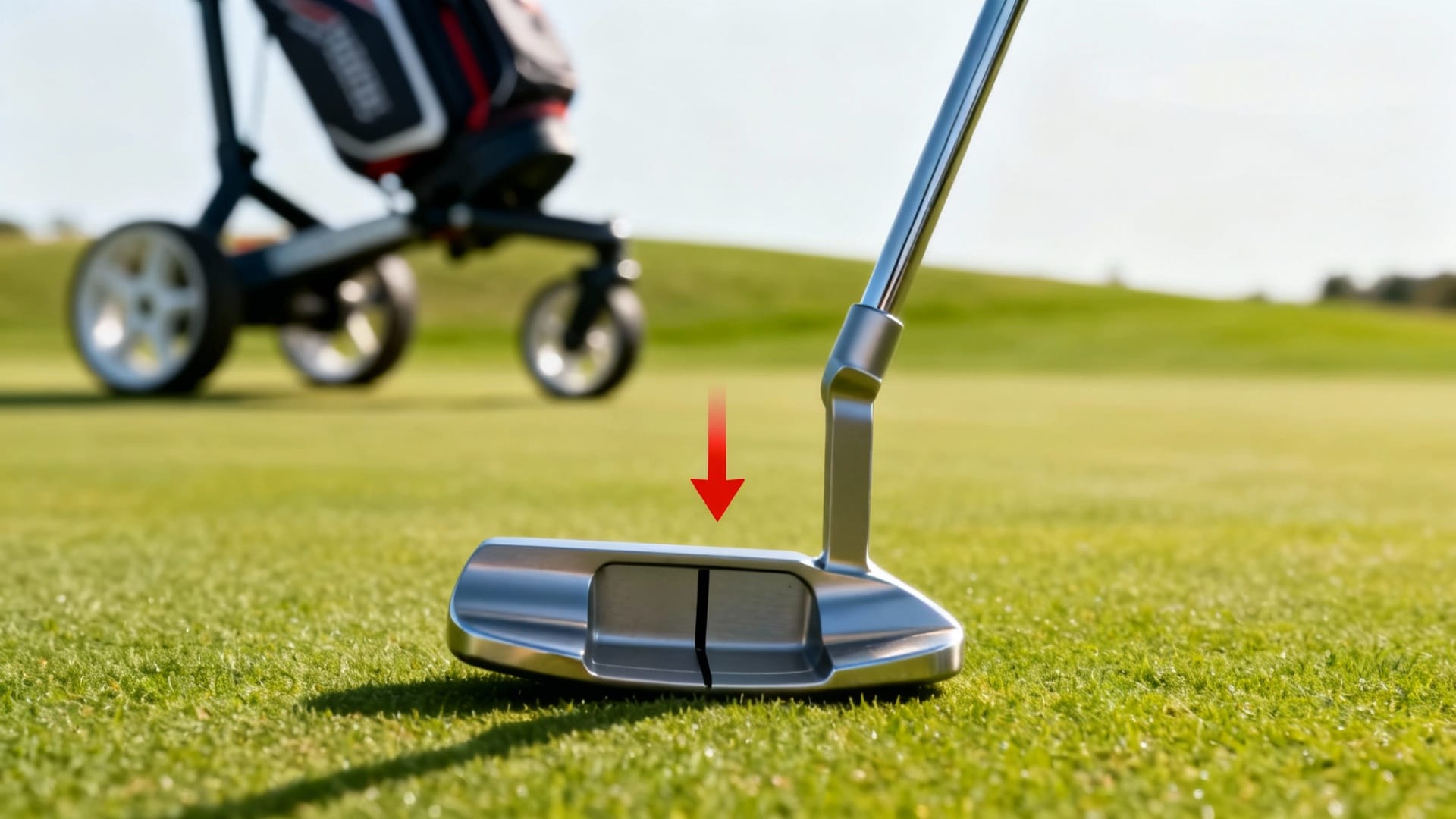 Putter de golf en gros plan, flèche rouge, chariot de golf en arrière-plan sur gazon vert