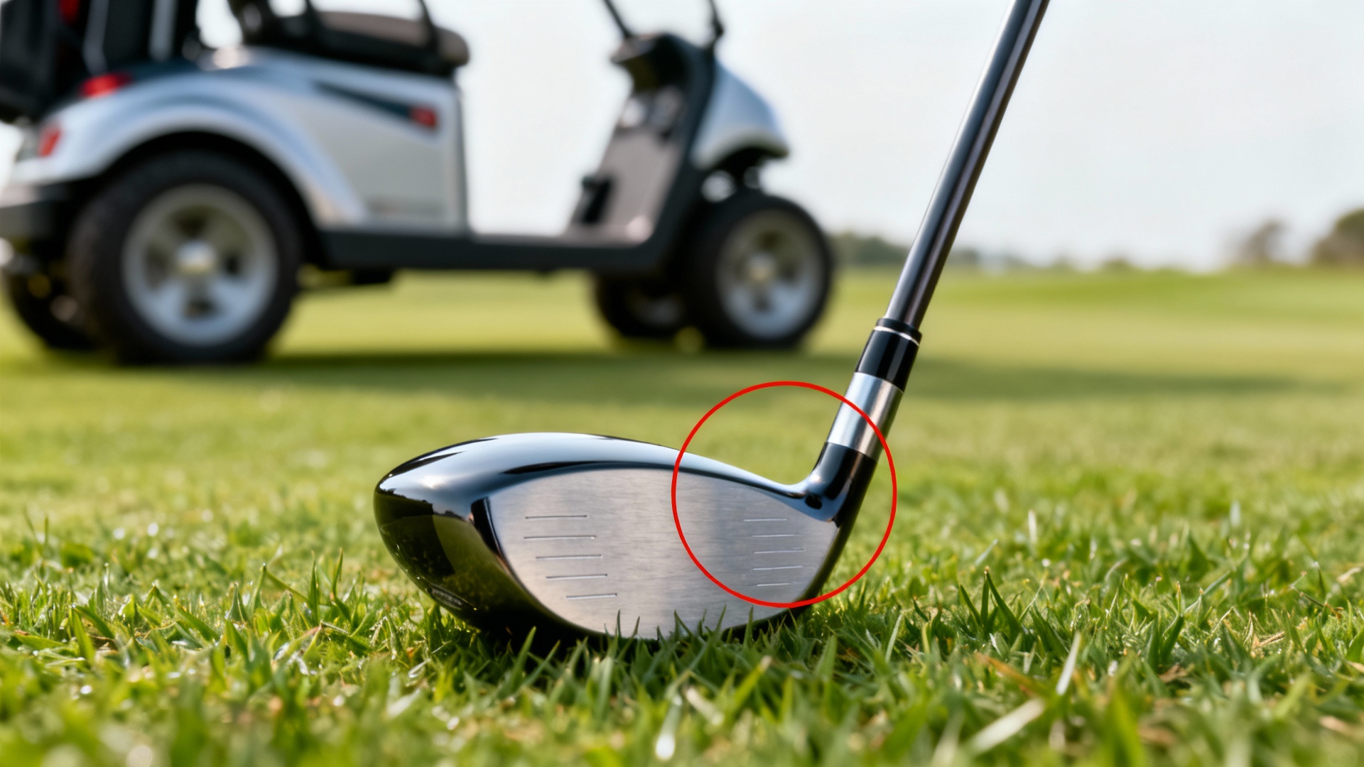 Drivers de golf mis en valeur sur l’herbe avec flèche rouge, chariot de golf en arrière-plan