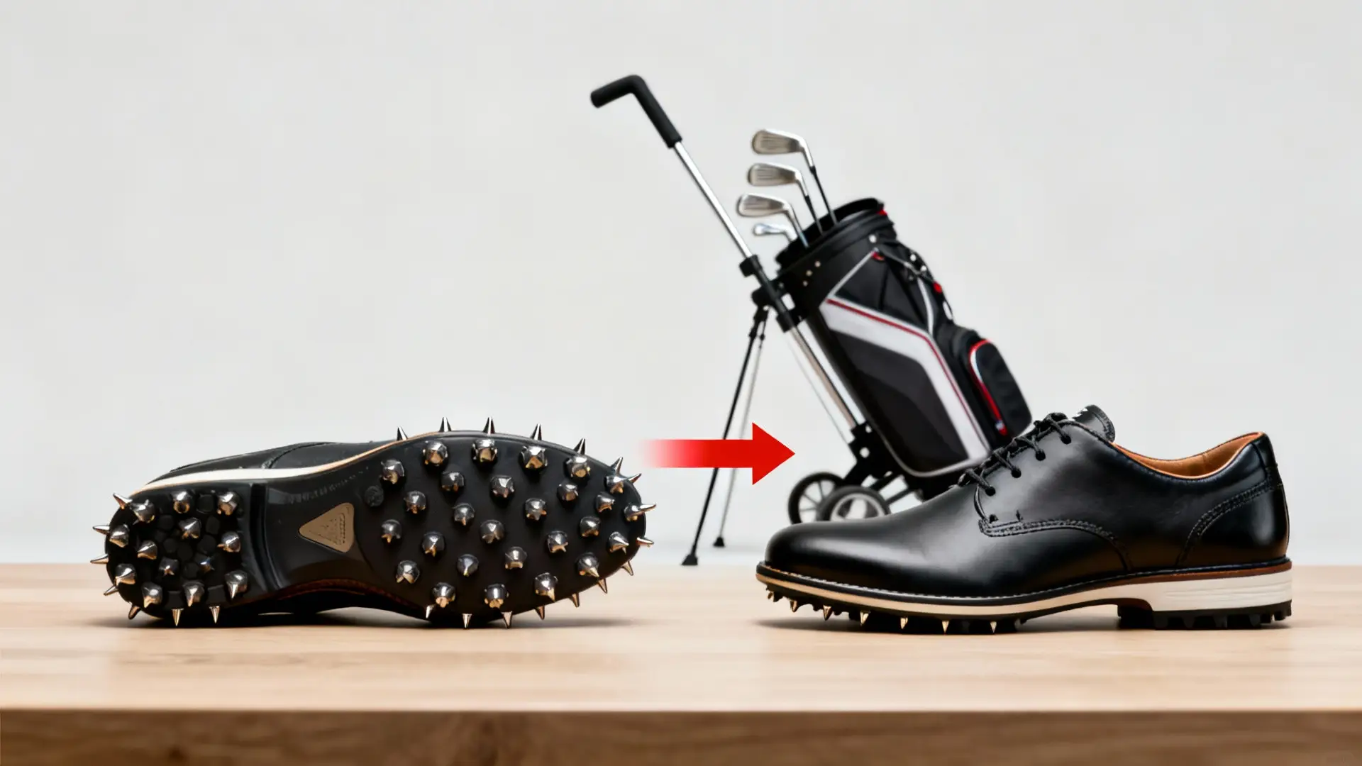 Chaussures de golf avec et sans crampons en avant, chariot de golf discret à l’arrière-plan