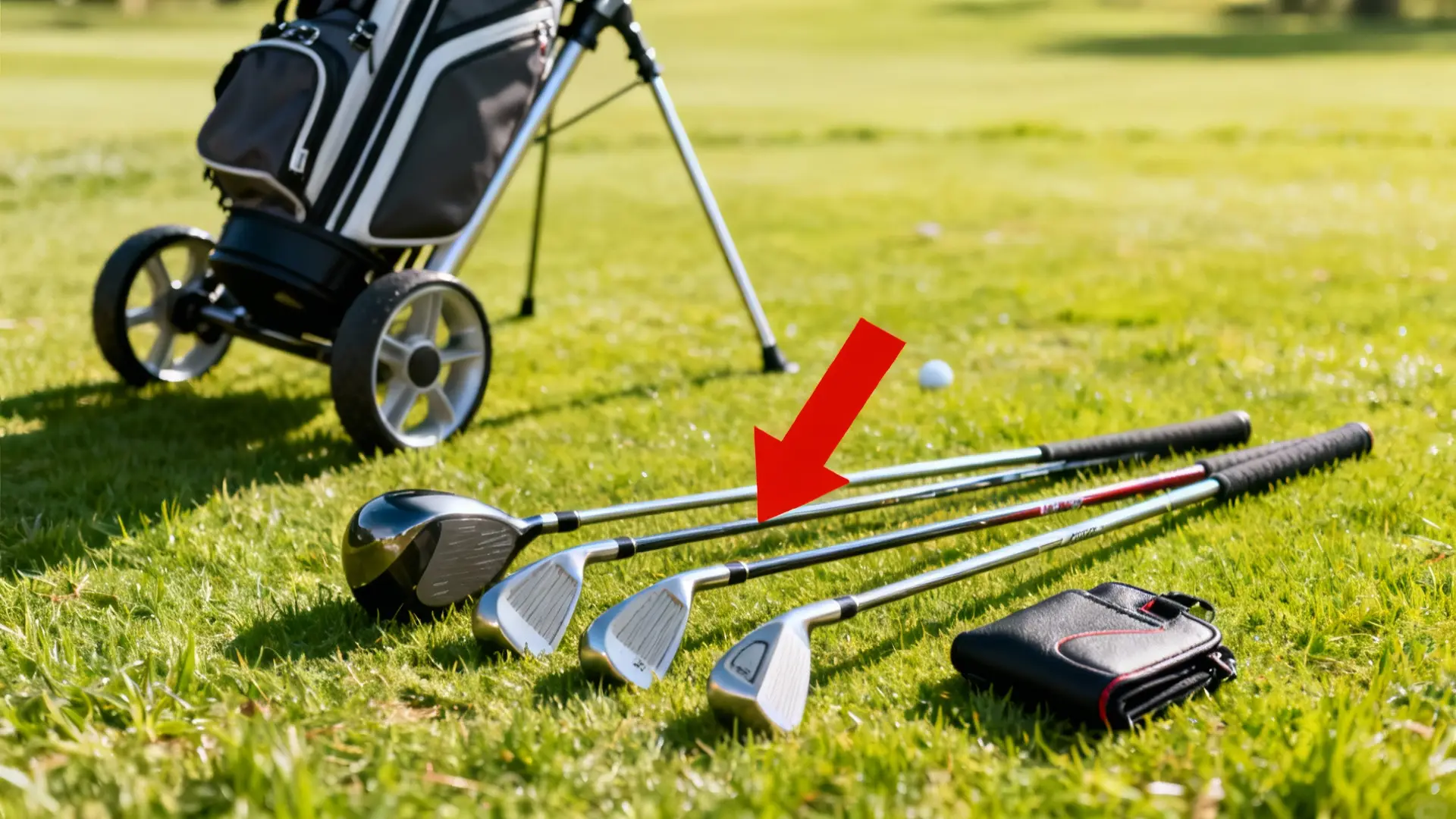 Clubs de golf pour joueur moyen, flèche rouge et chariot de golf moderne en arrière-plan