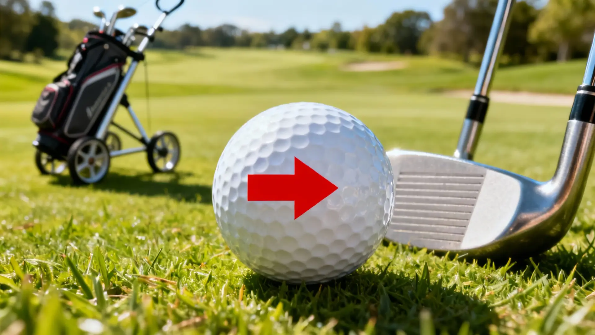 Balle de golf mise en avant avec flèche rouge et chariot de golf en second plan sur le green