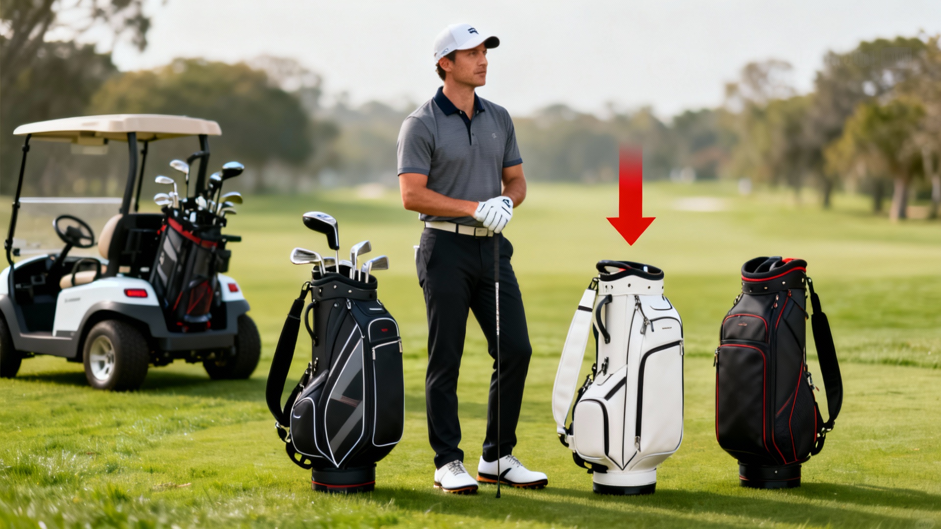 Sac de golf élégant au premier plan, flèche rouge, chariot de golf en arrière-plan sur gazon