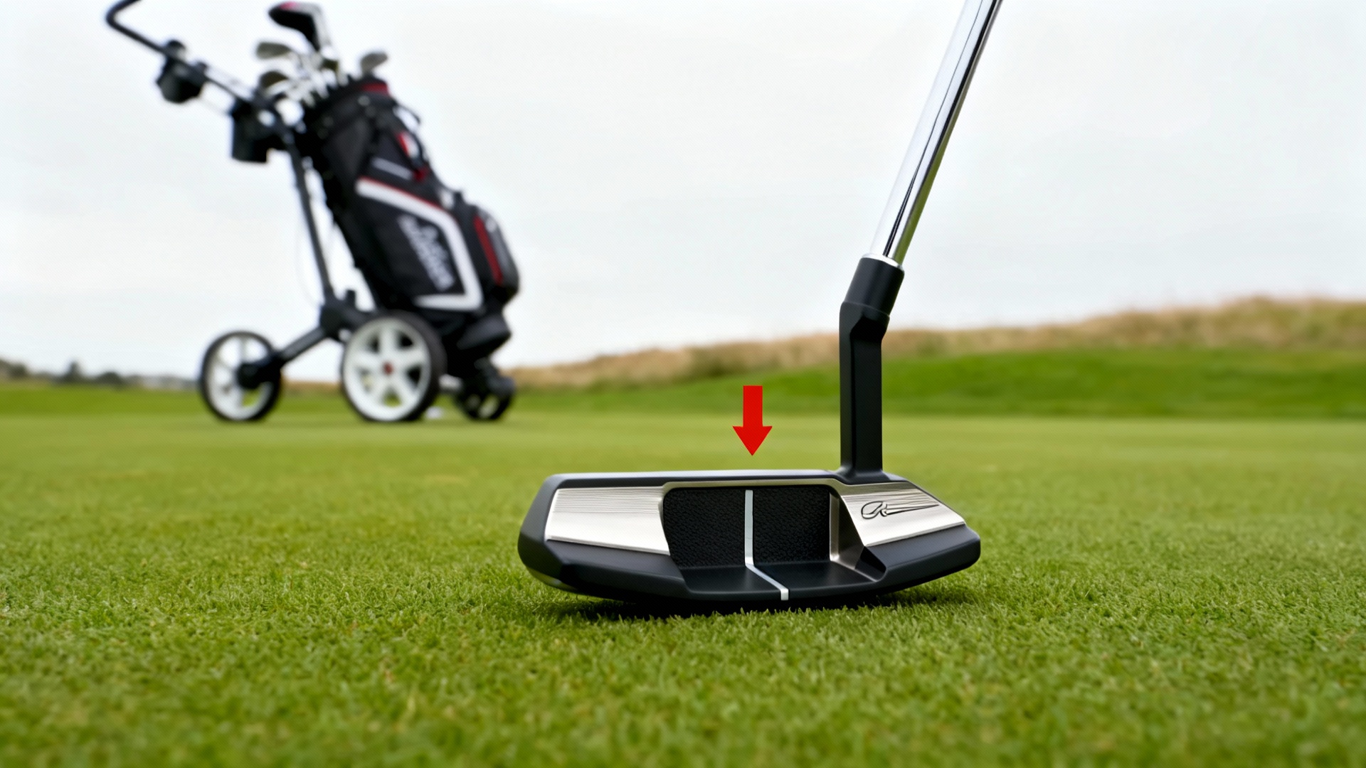 Gros plan sur putters modernes, flèche rouge, chariot de golf discret en arrière-plan