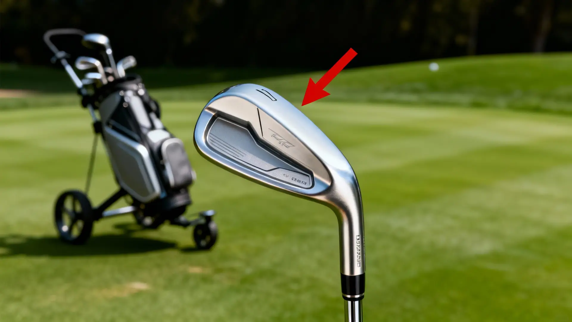 Gros plan driver de golf brillant avec flèche rouge, chariot de golf en arrière-plan