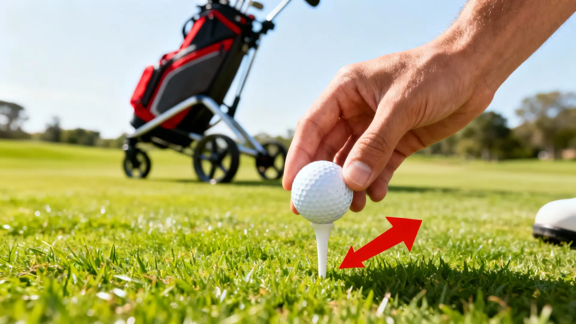 Main posant une balle sur un tee, flèche rouge, chariot de golf flou en arrière-plan