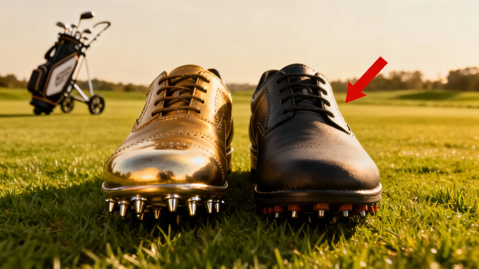 Deux chaussures de golf, l’une à crampons, l’autre lisse, golf trolley flou à l’arrière-plan