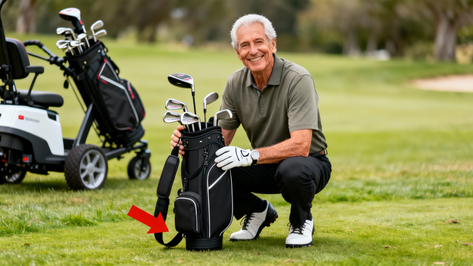 Clubs de golf confort pour seniors, poignée mise en avant, chariot flou en fond